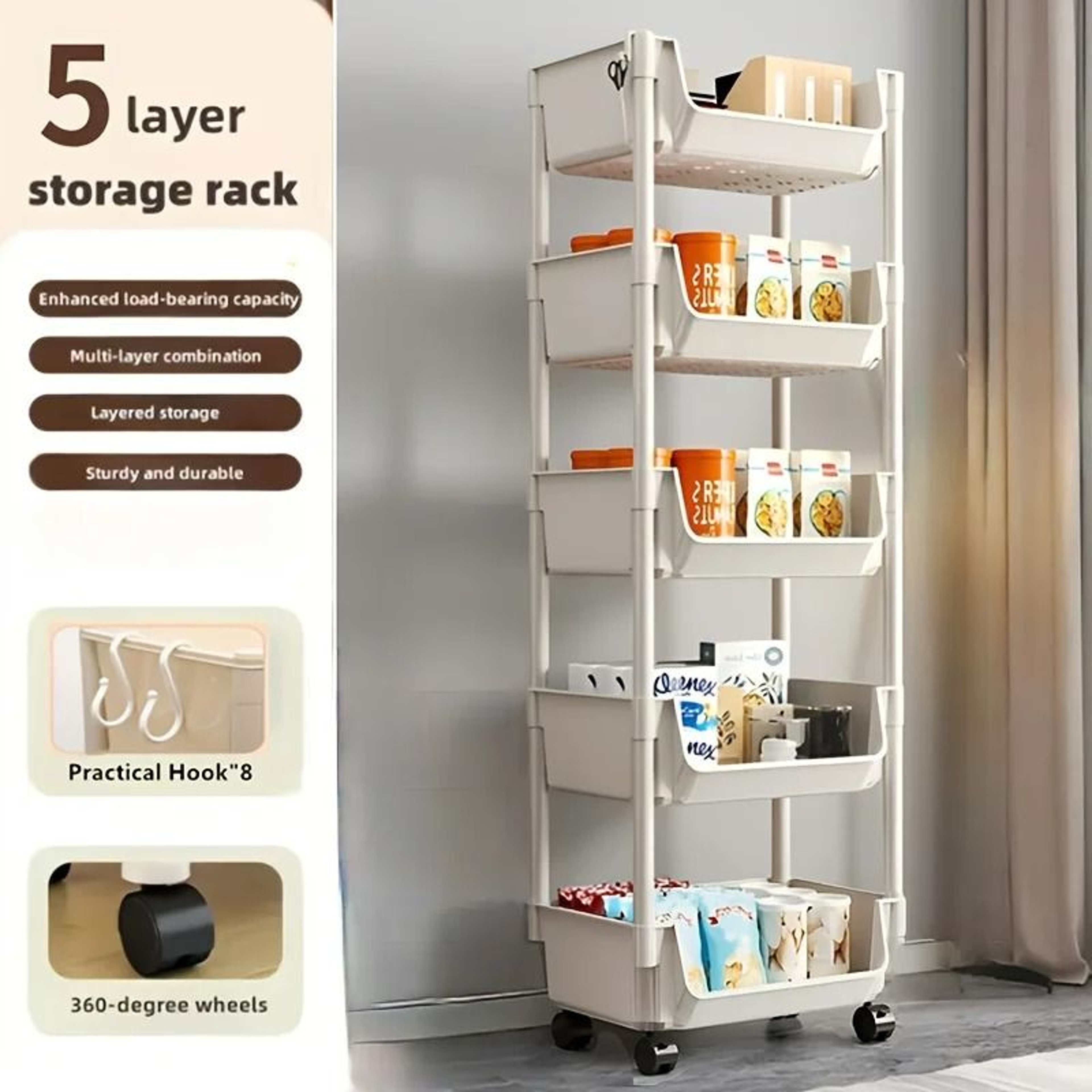 MultiTier Slim Rolling Utility Cart With Storage Bins And Hooks 6