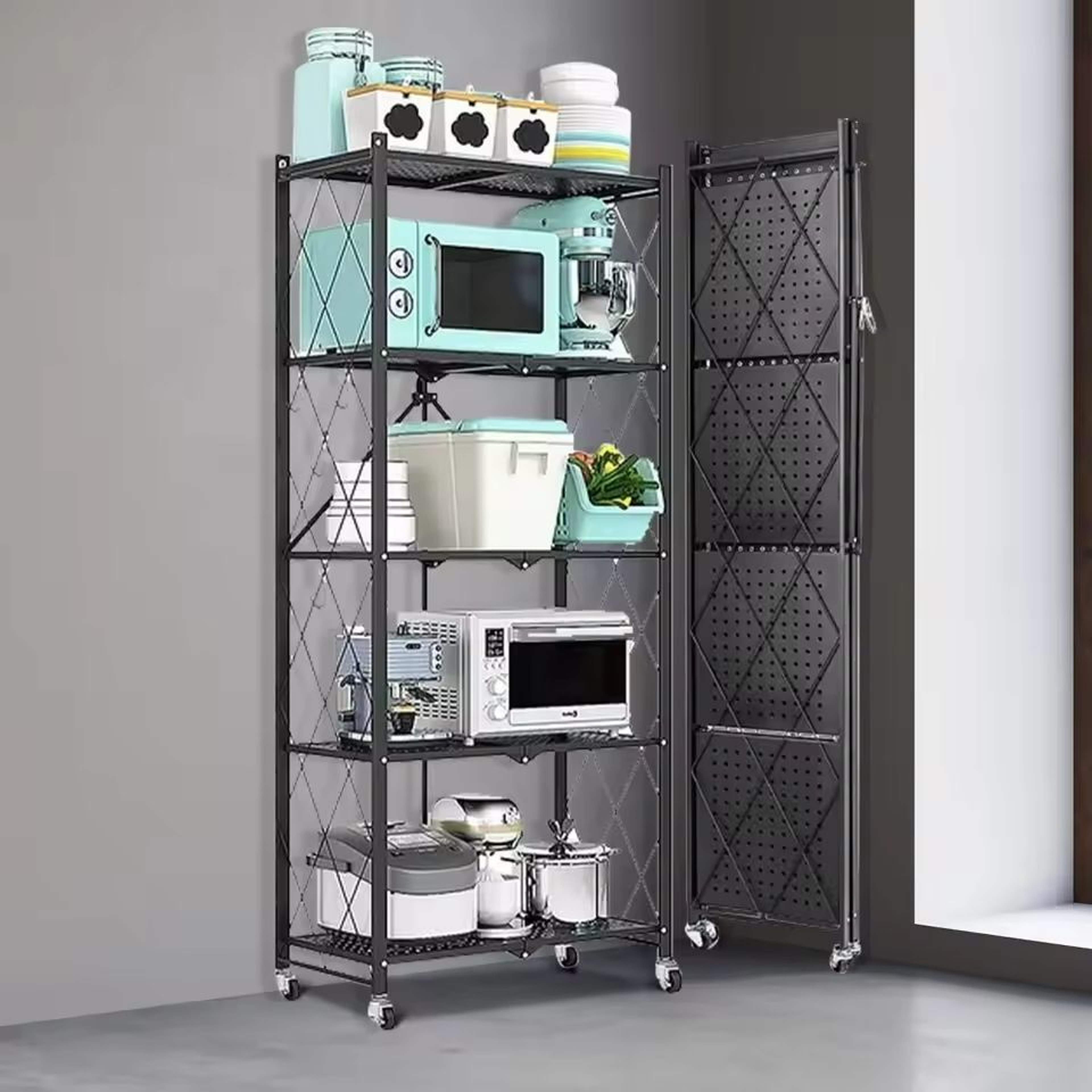 5Tier HeavyDuty Foldable Storage Shelving Unit With Wheels 0