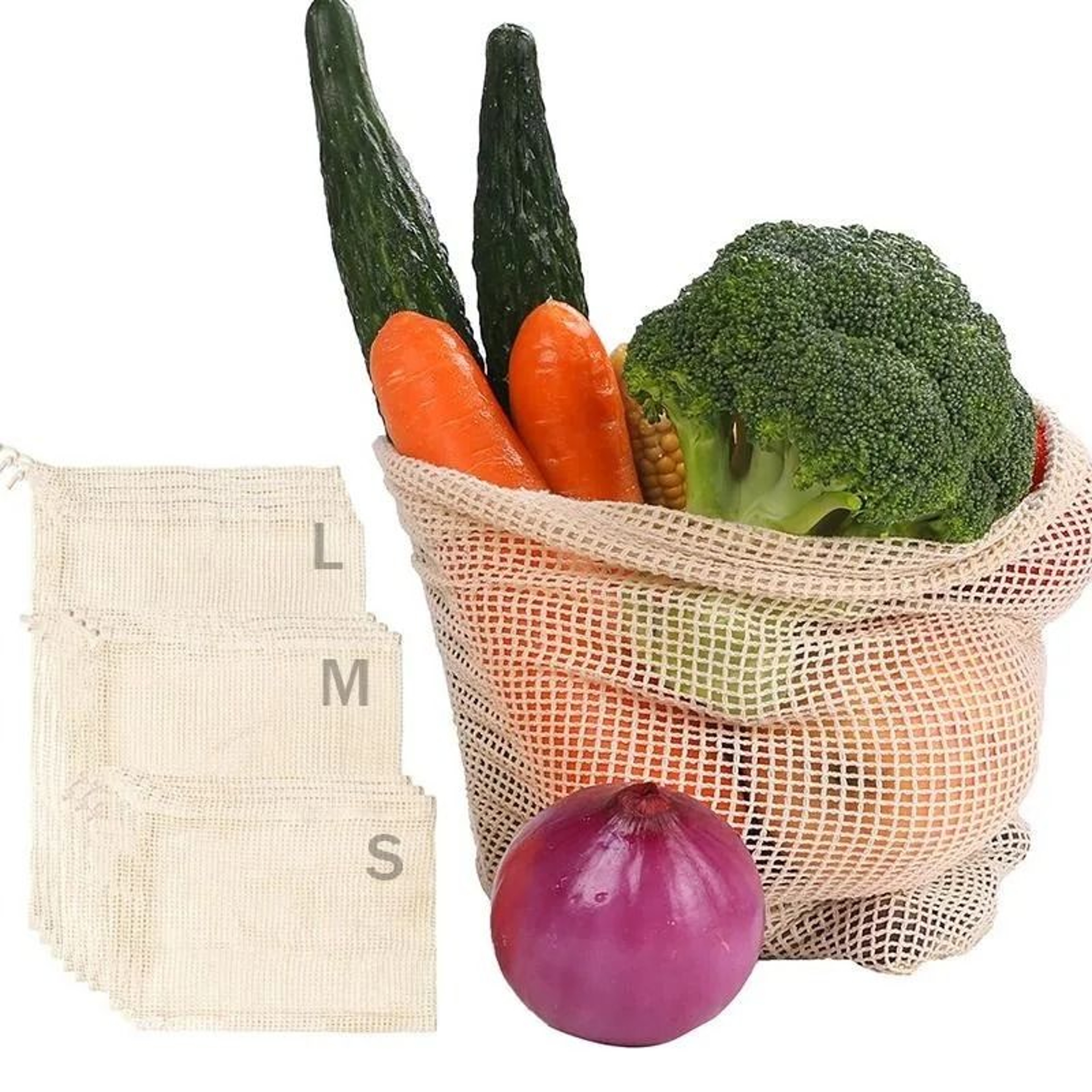 Reusable Cotton Mesh Produce Bags  Washable Vegetable Storage Set 3Piece Bundle 4