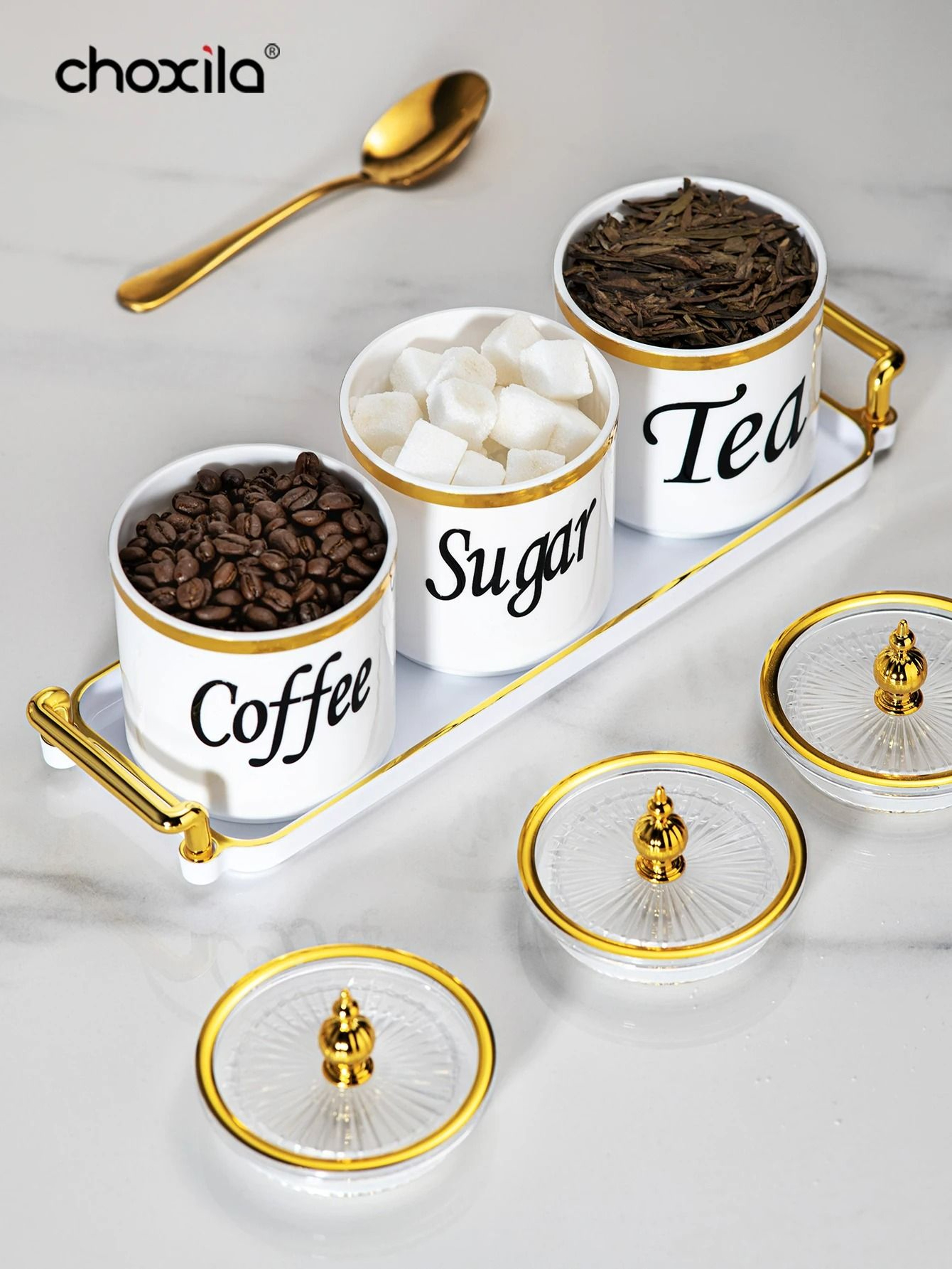 4Piece Premium Coffee Canister Set With Matching Serving Tray 1