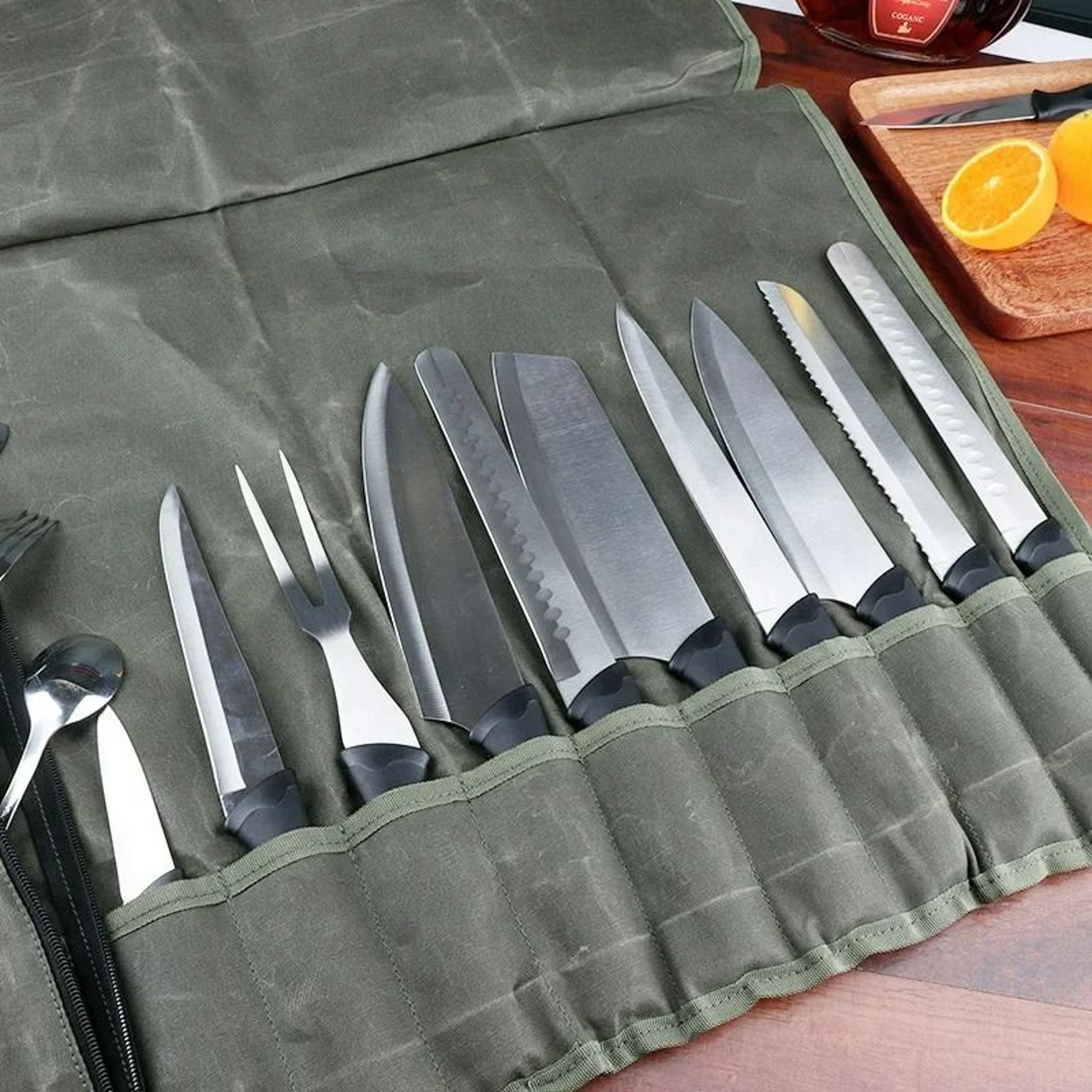 Portable Canvas Chef Knife Roll Bag  Professional Kitchen Cleaver Carrying Case 5