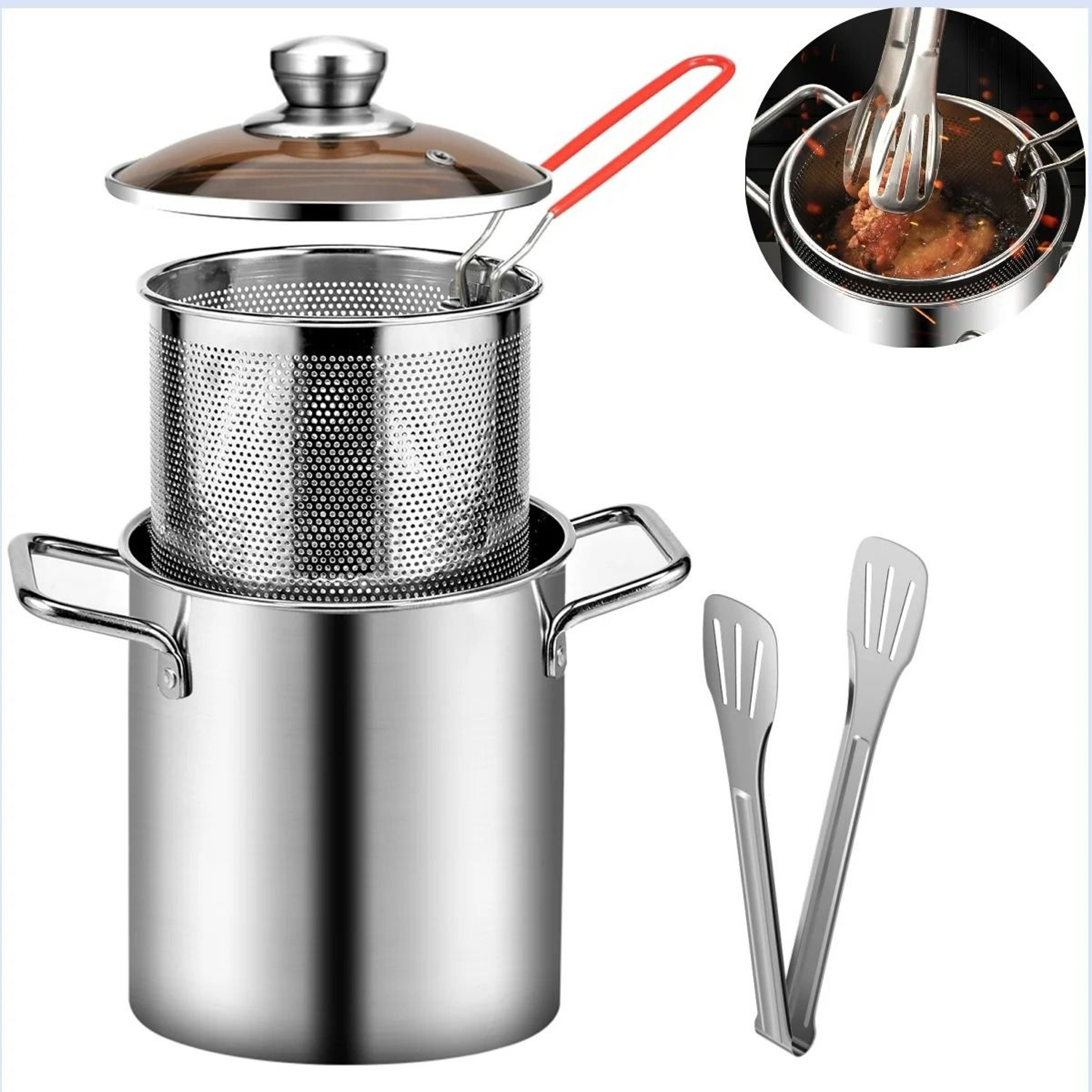 304 FoodGrade Stainless Steel Deep Fryer Pot With Strainer Basket  Lid 0