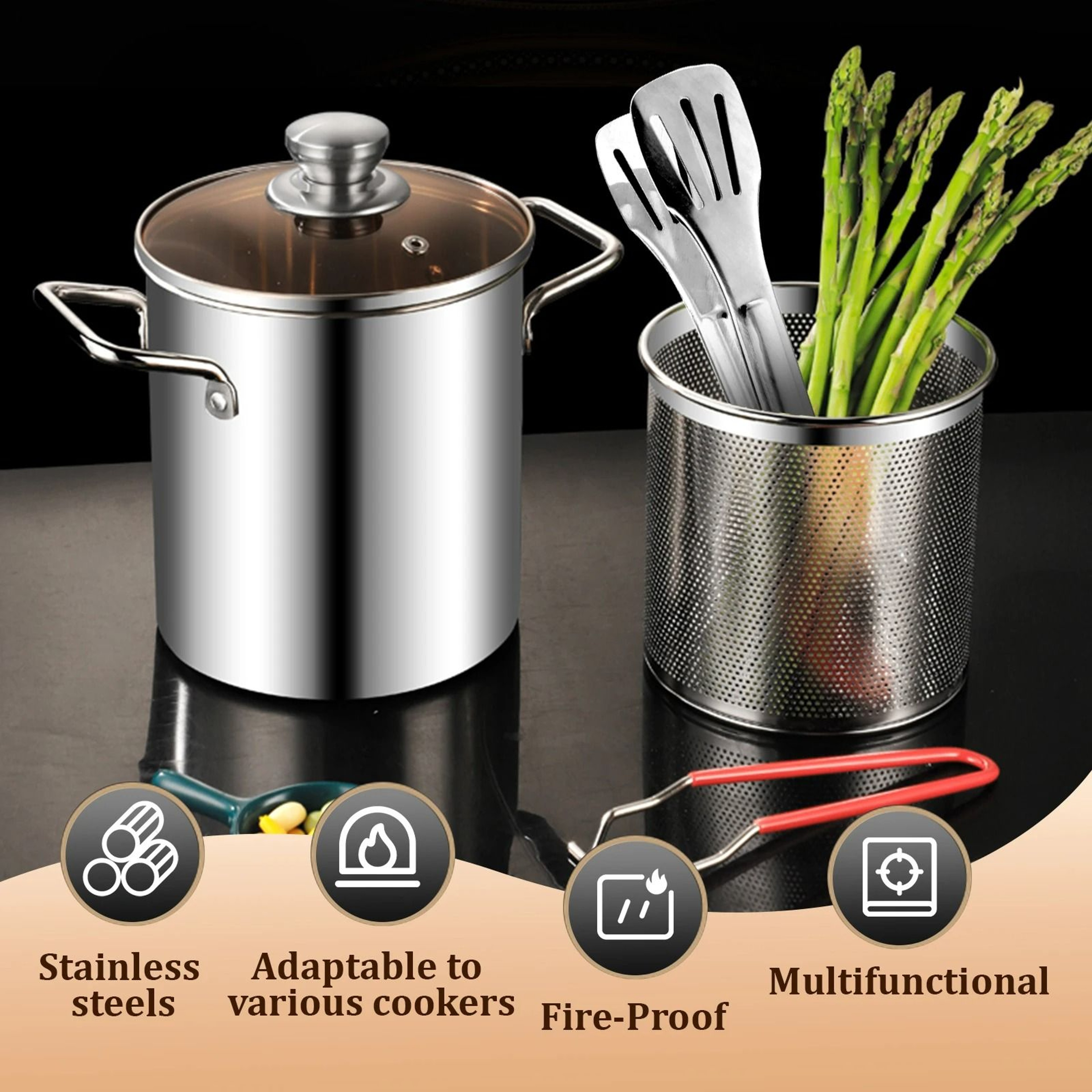 304 FoodGrade Stainless Steel Deep Fryer Pot With Strainer Basket  Lid 3