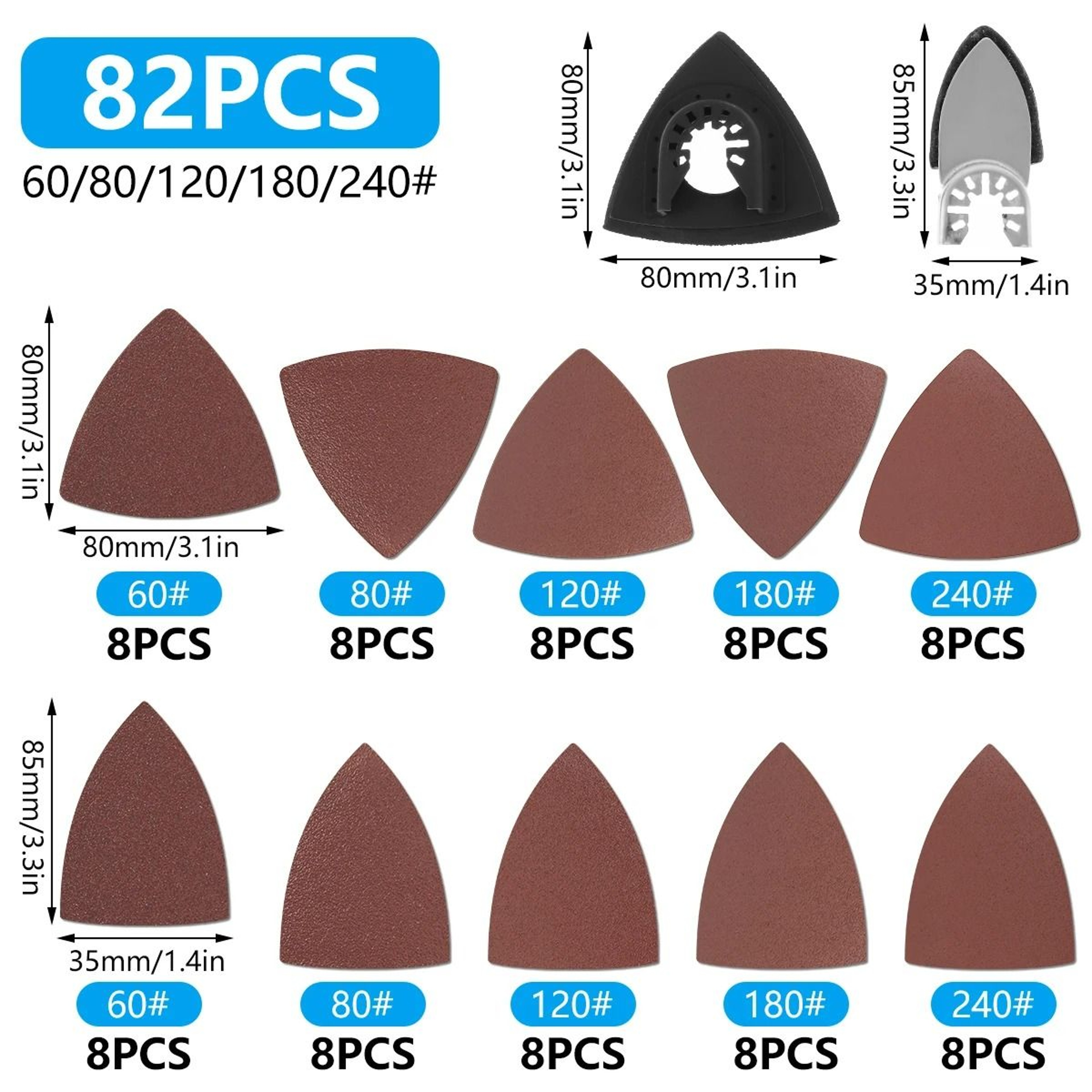 82Piece MultiGrit Triangular Sanding Pad Assortment  Oscillating MultiTool Sandpaper Set 6