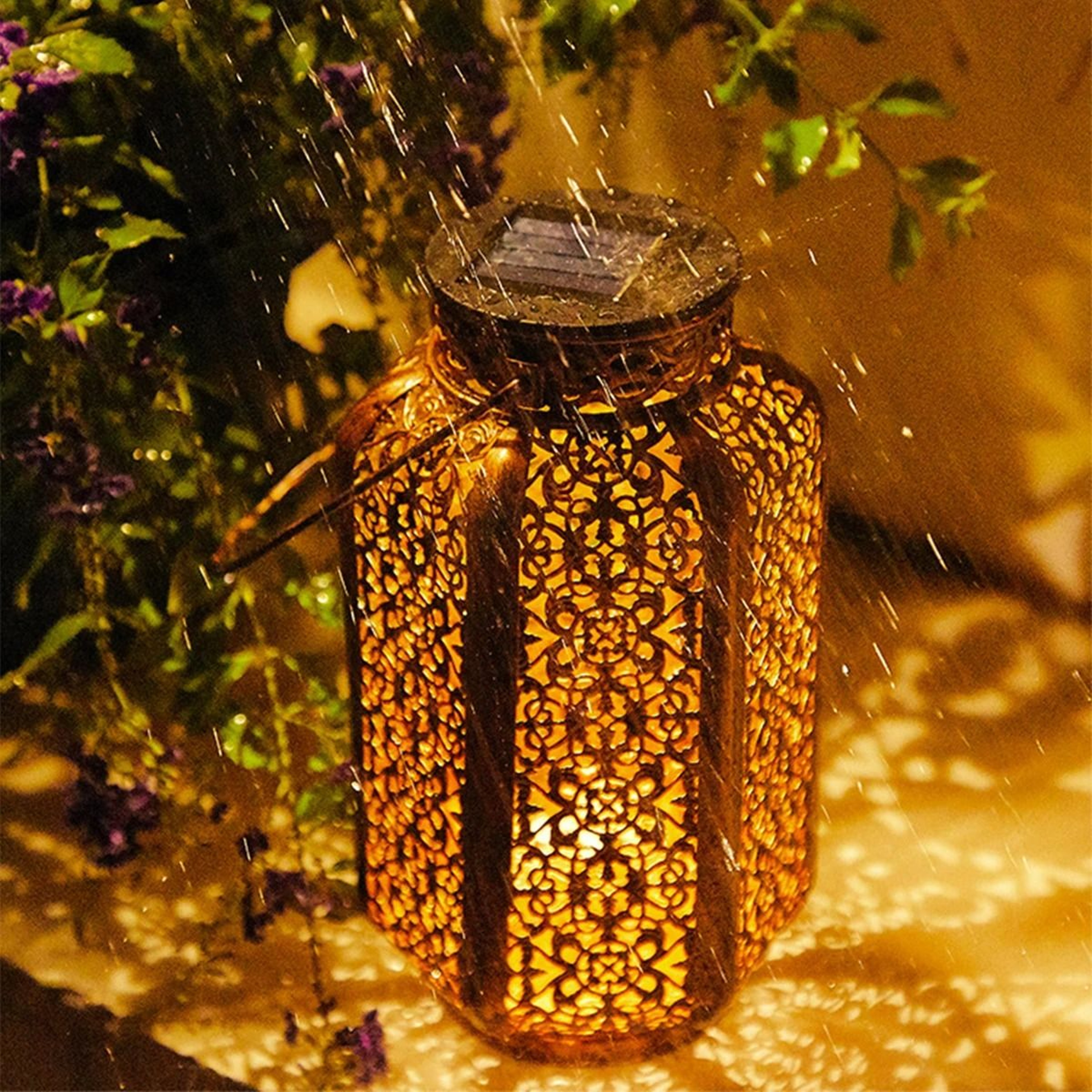 Vintage SolarPowered Hanging Iron Art Lantern  Outdoor Decorative HollowPattern Pathway Lamp 4