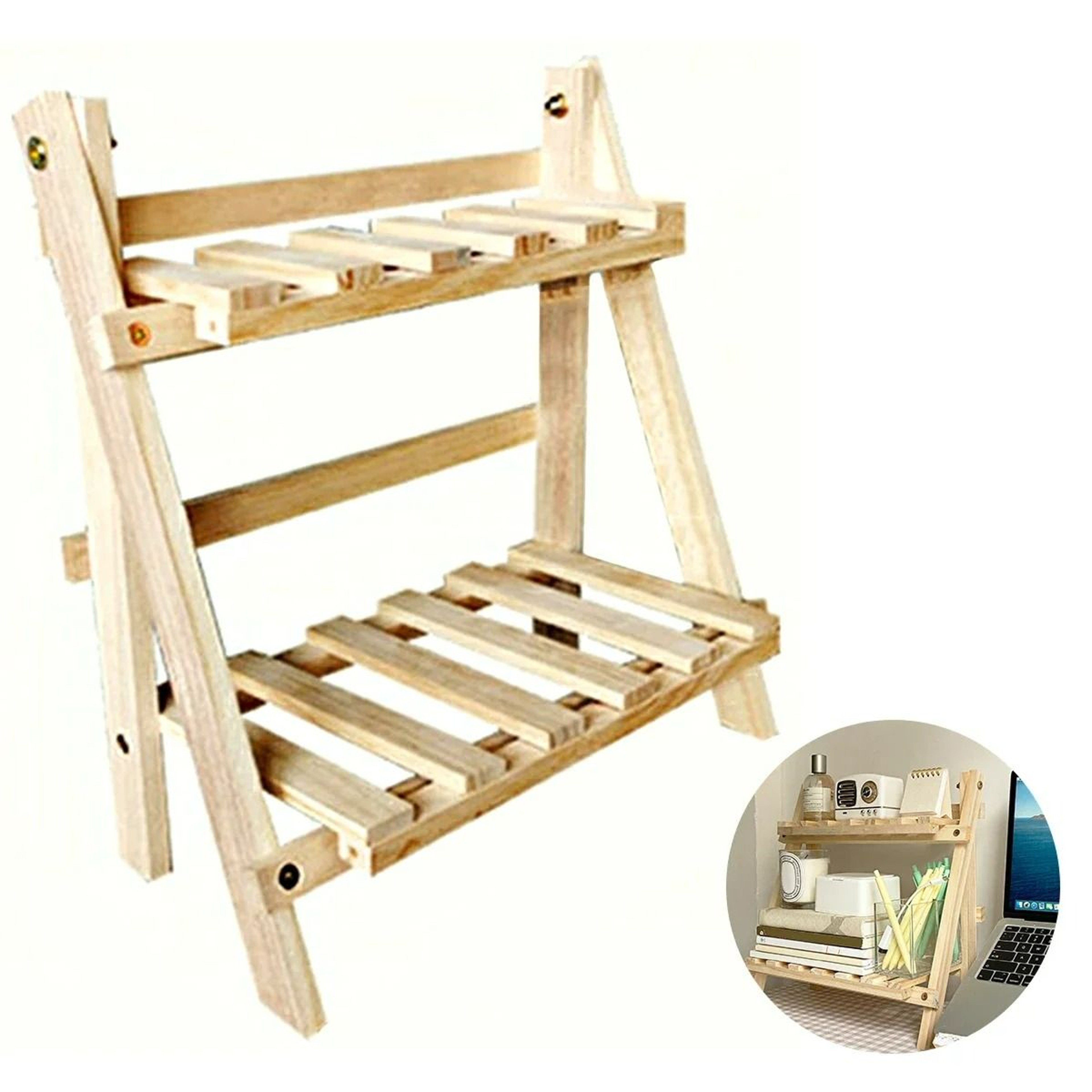 Premium 2Layer Wooden Folding Desktop Storage Rack 6