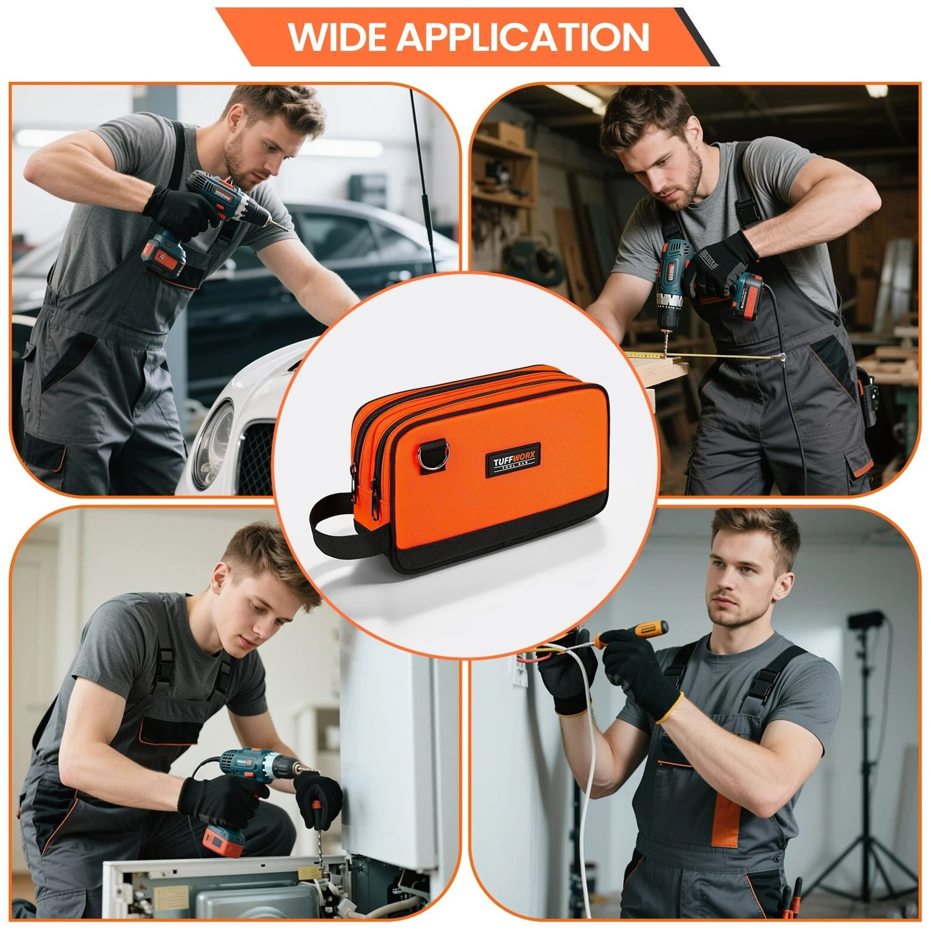 Compact DoubleZip Tool Bag  HighVisibility Storage Pouch Organizer Orange And Black 6