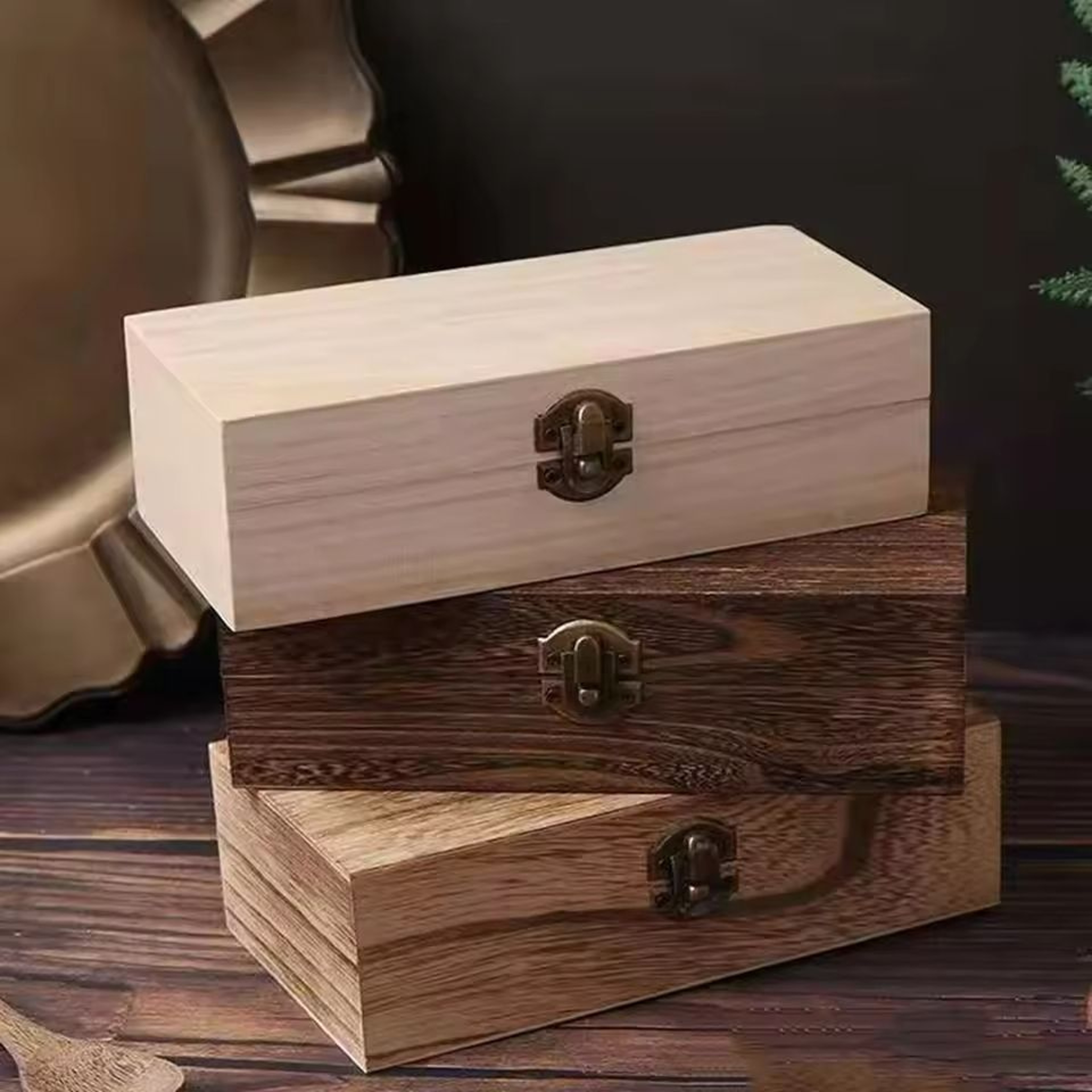 Vintage Rectangular Wooden Storage Box With Hinged Lid 0