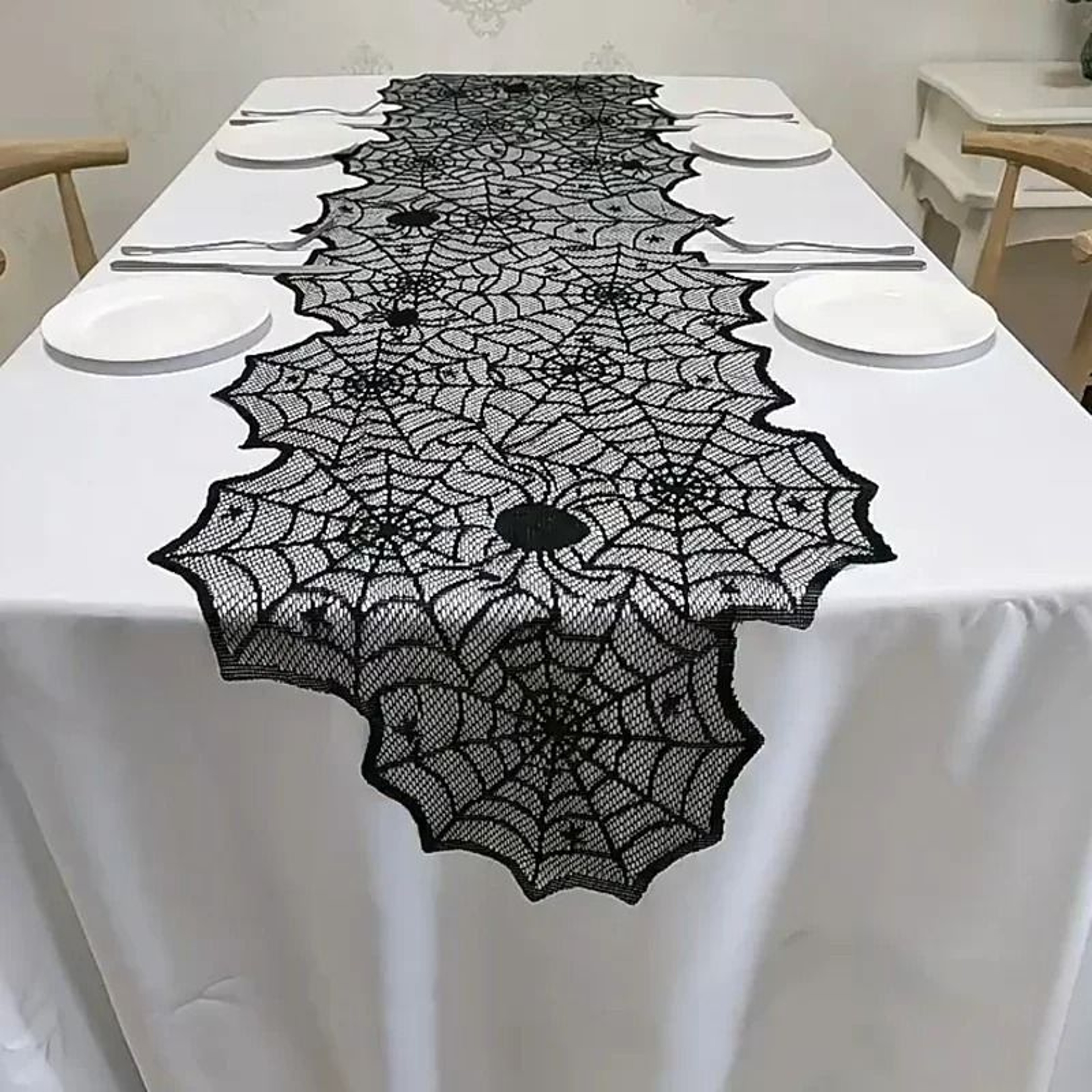 Black Lace Spider Web  Skull Tablecloth  Mantel Scarf 0