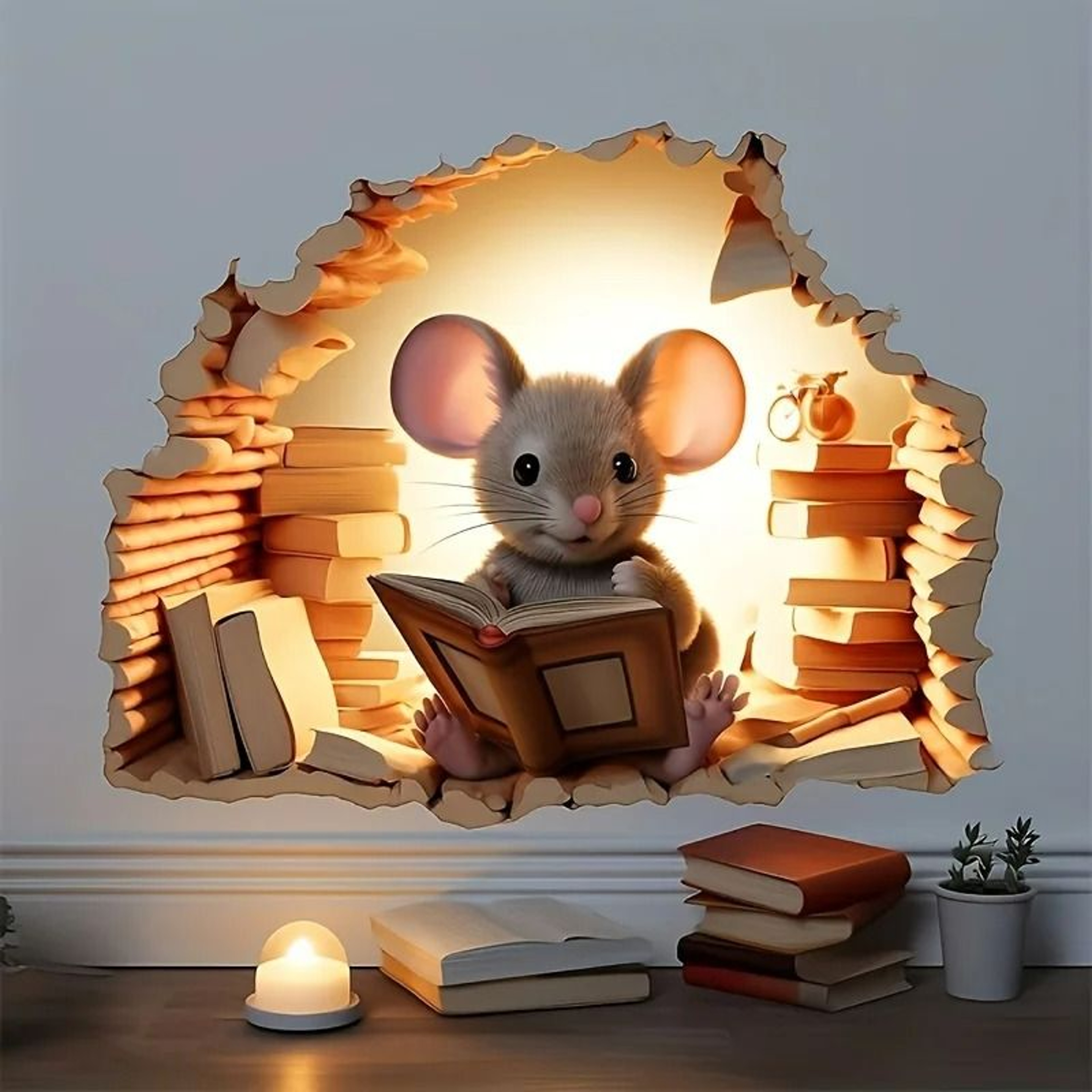 3D Reading Mouse Hole Wall Sticker 6