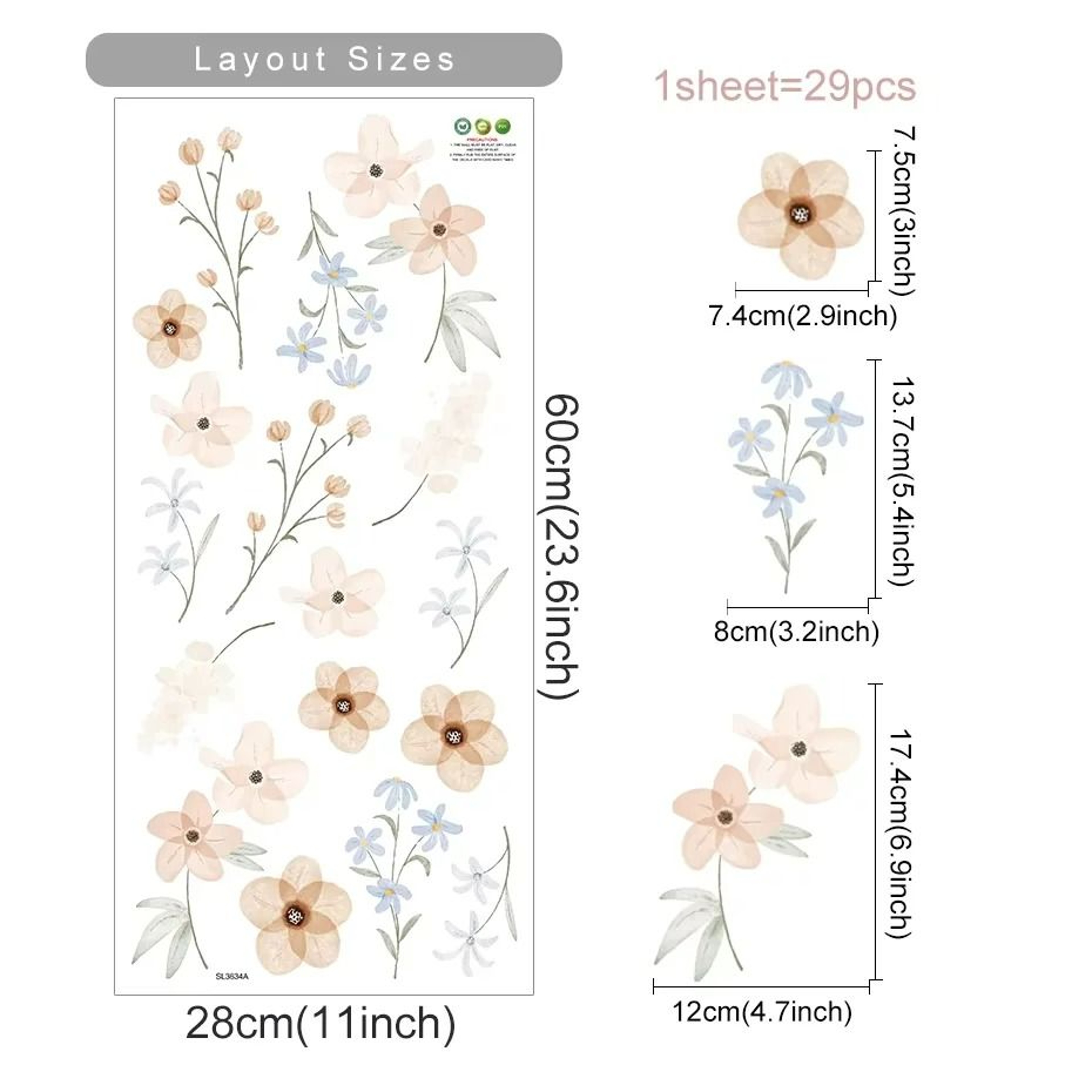 Boho Watercolor Flowers  Leaves Vinyl Wall Sticker Set 13