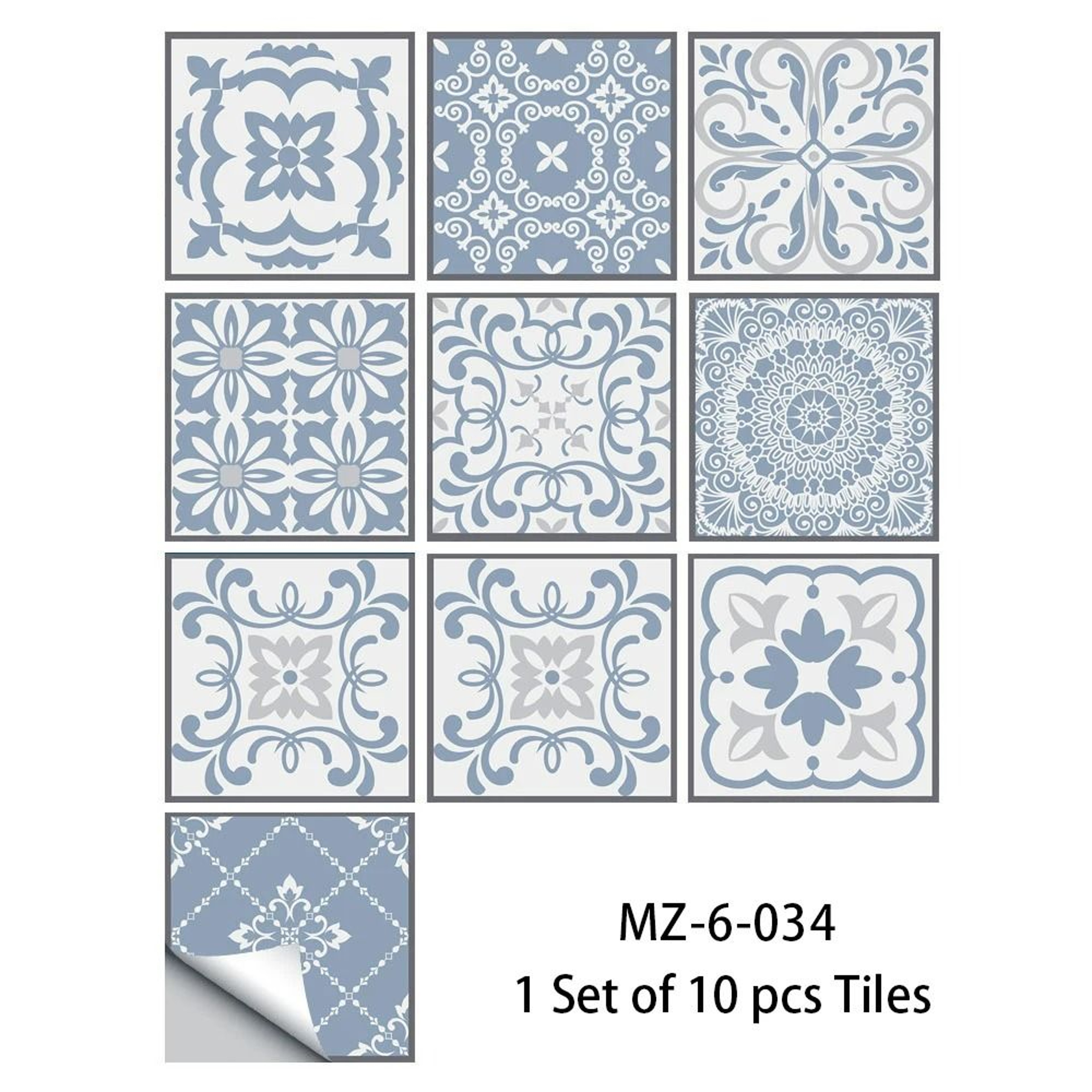 10Piece Blue  Gray Matte Surface Tile Wall Sticker Set 12
