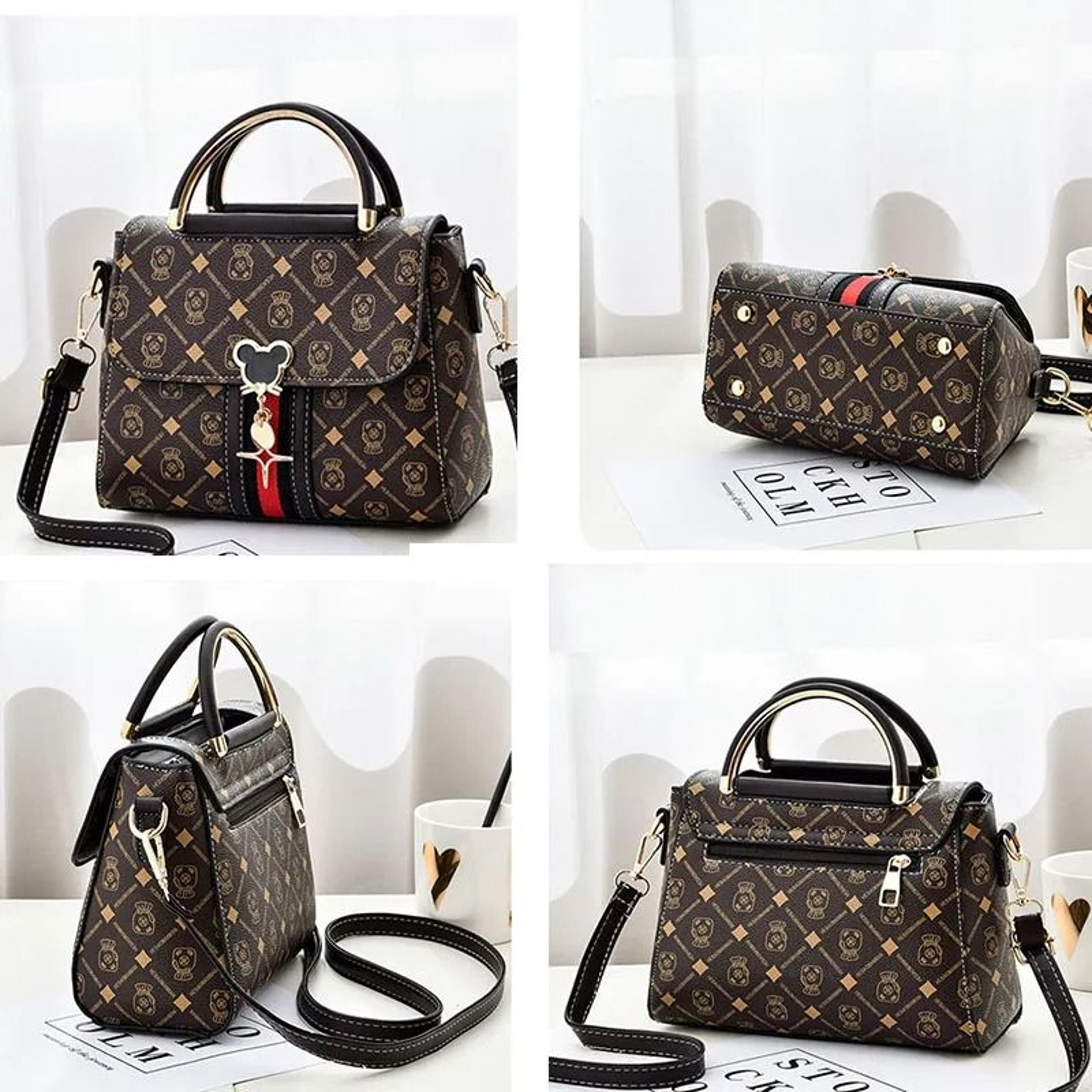 Womens Monogram Leather Shoulder Tote Bag 4