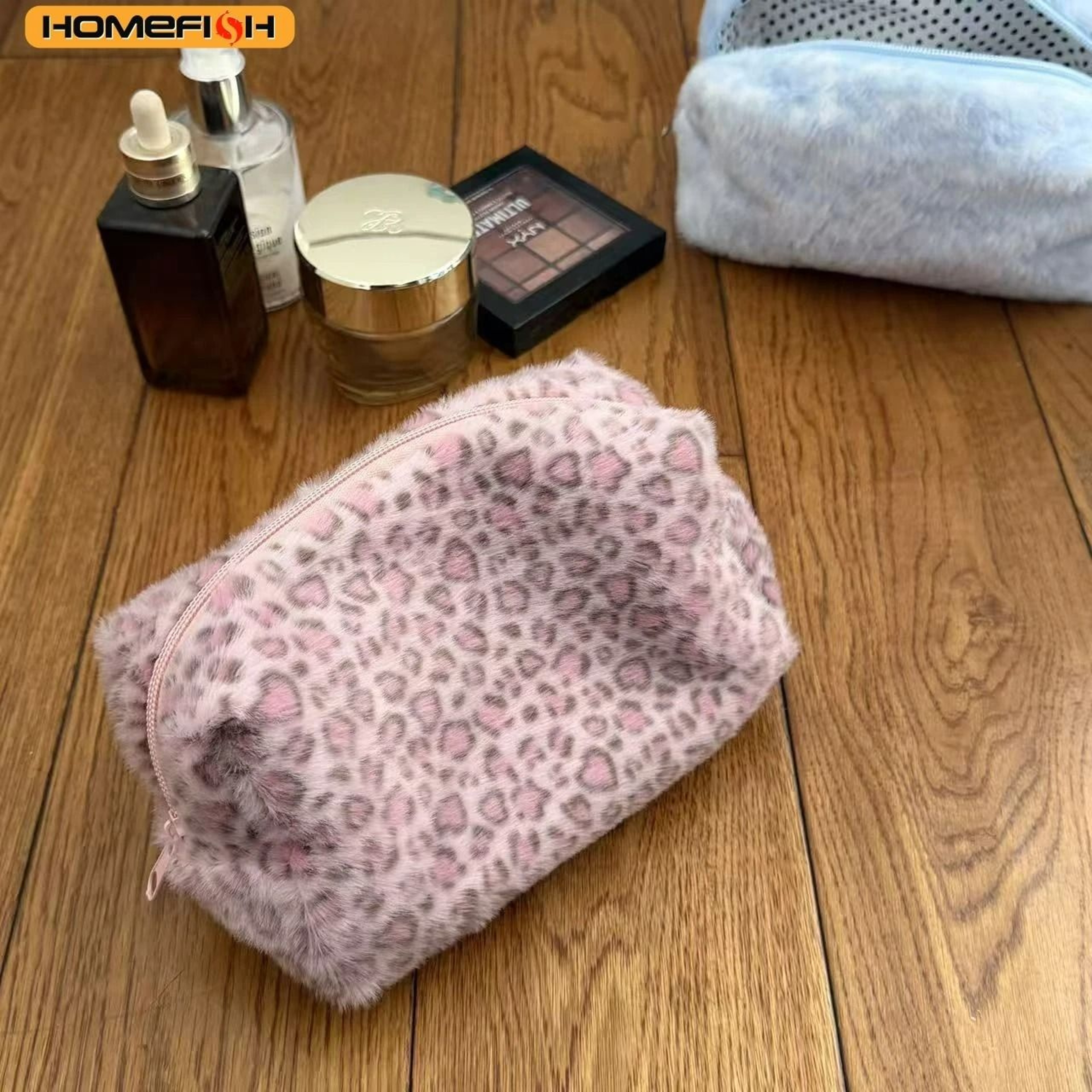 Fuzzy Leopard Print Travel Cosmetic Bag 4