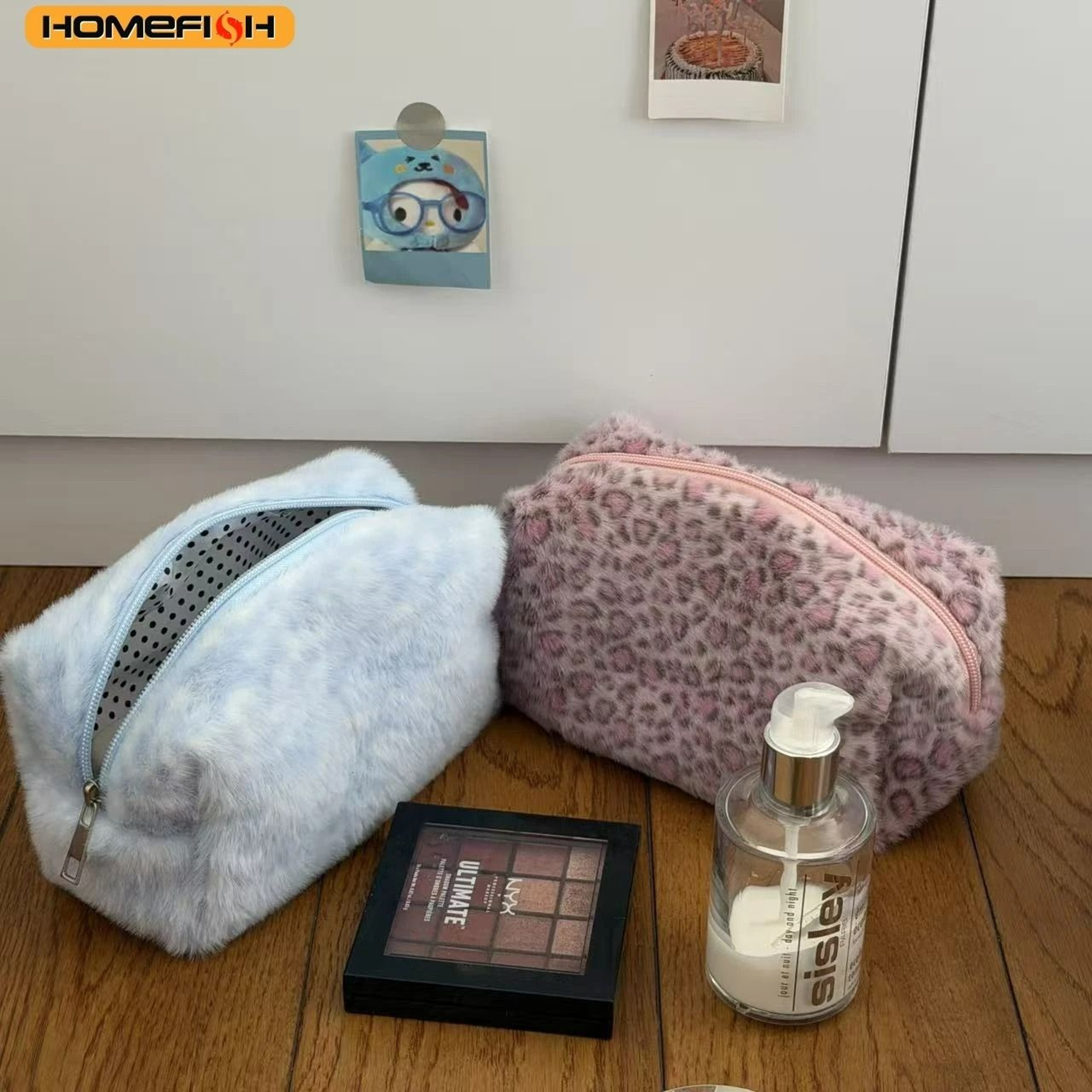 Fuzzy Leopard Print Travel Cosmetic Bag 0