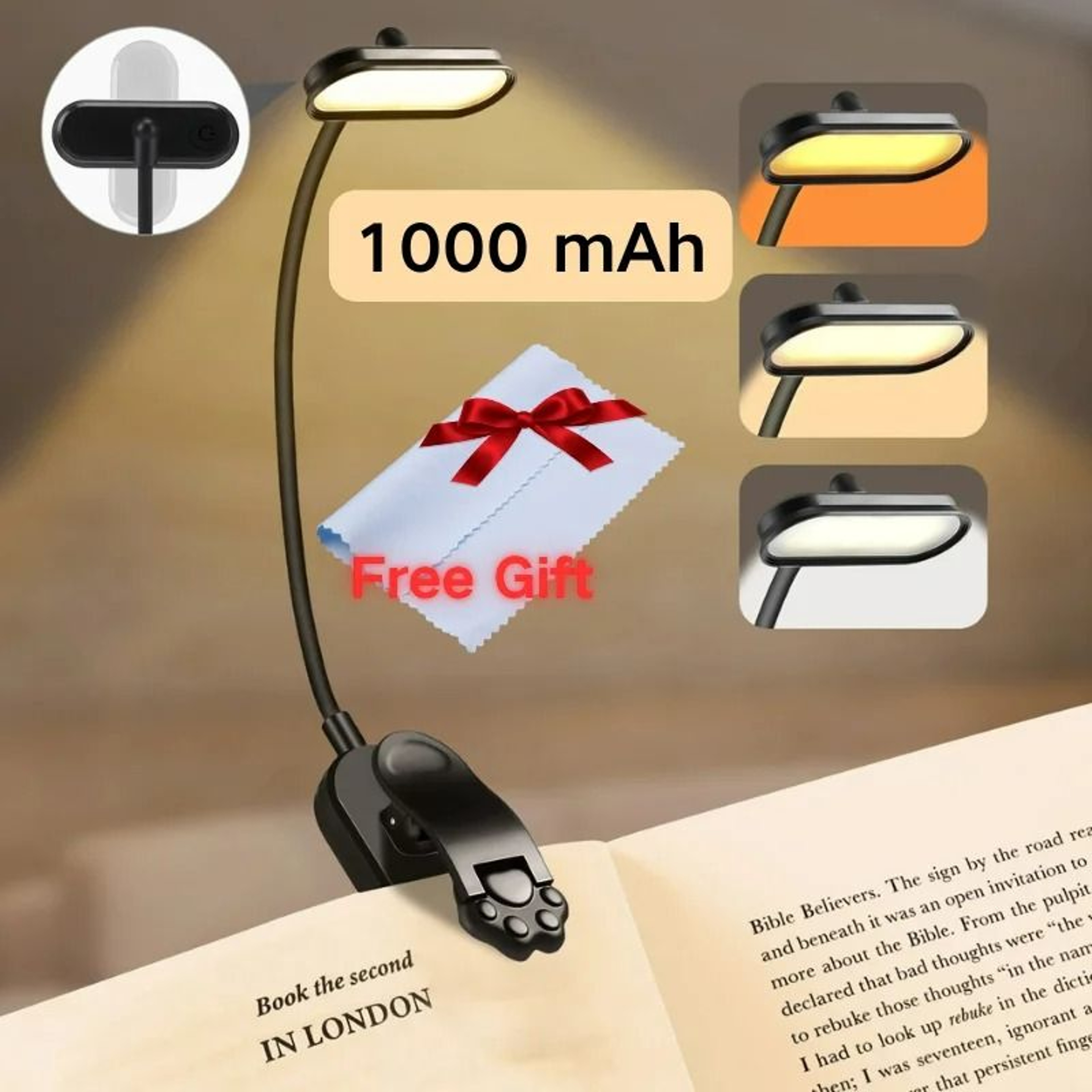 USB Rechargeable 3Level ClipOn LED Reading Light 8