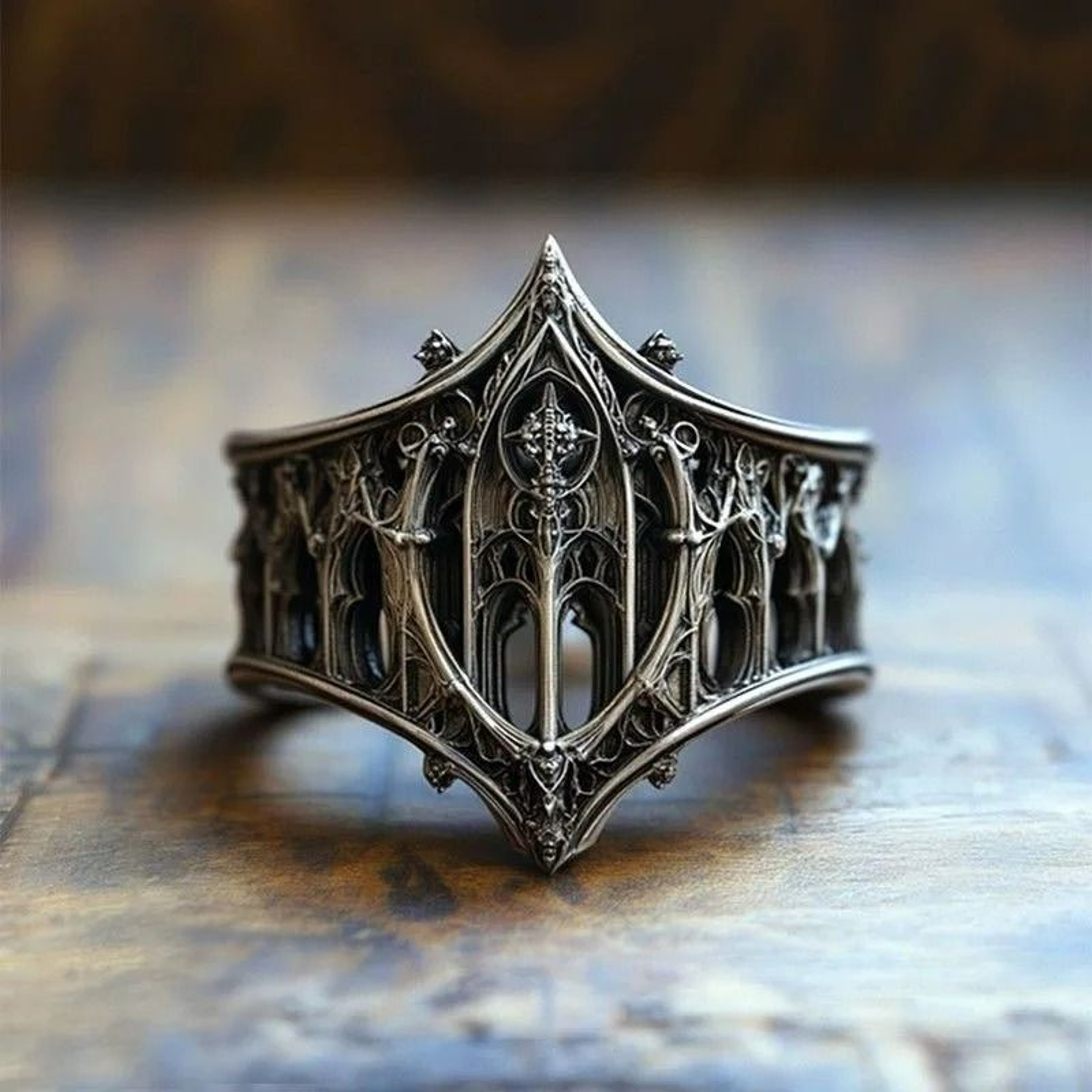 Vintage Antique Silver Gothic Hollow Wide Band Ring 7