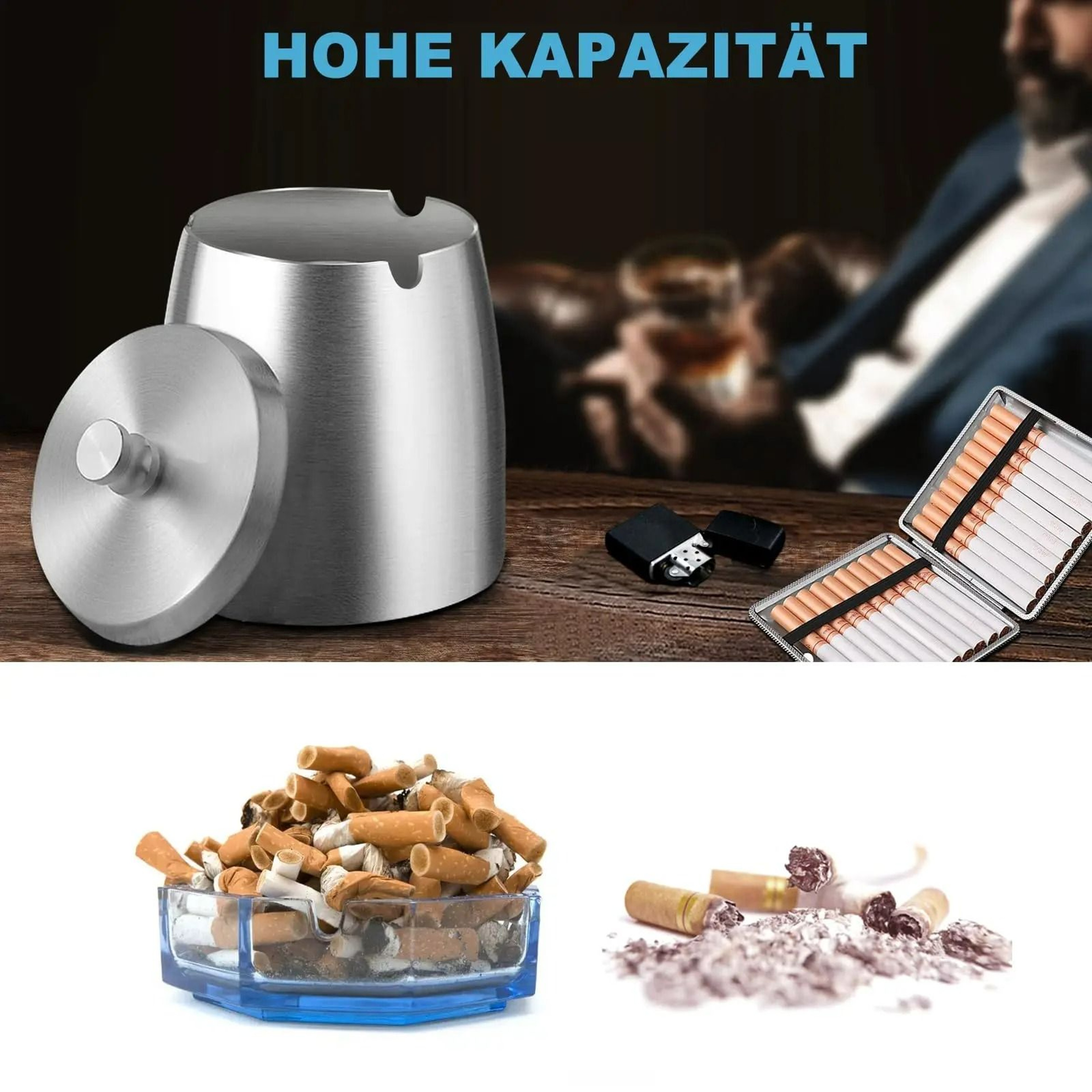 Stainless Steel Windproof Ashtray With Lid 2