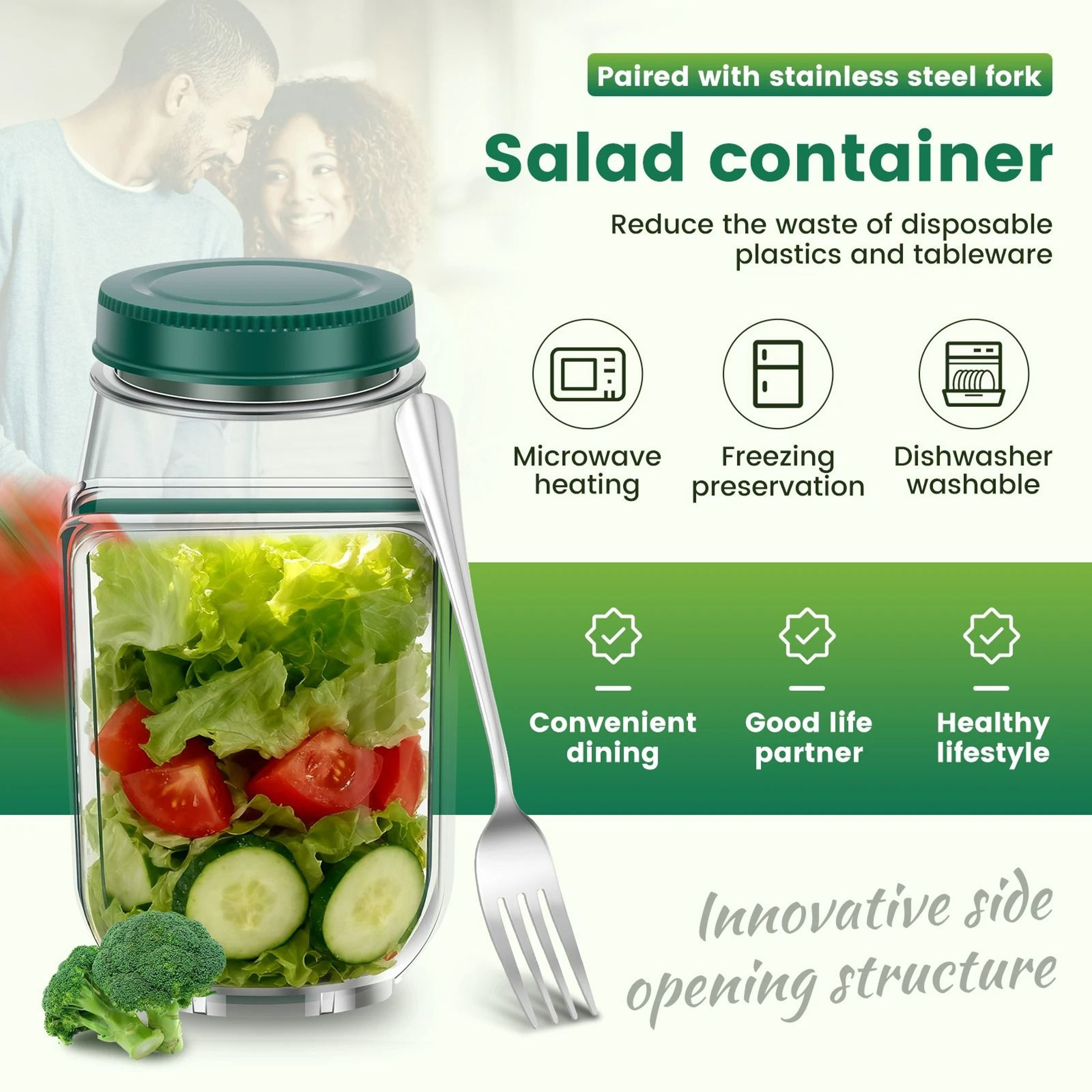 Portable SideOpening Salad Jar With Stainless Steel Fork 2