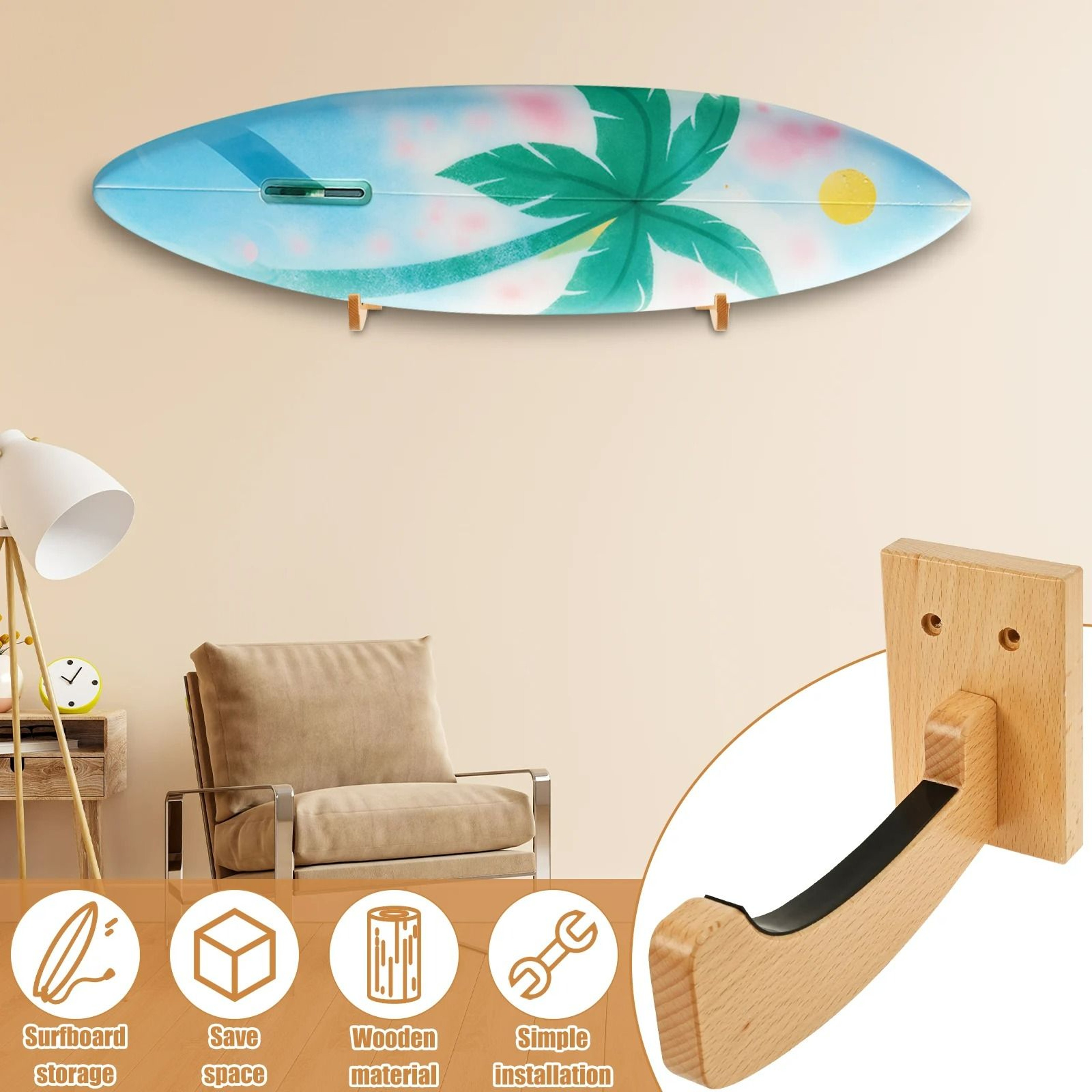 WallMounted Wooden Surfboard  Board Display Rack 1