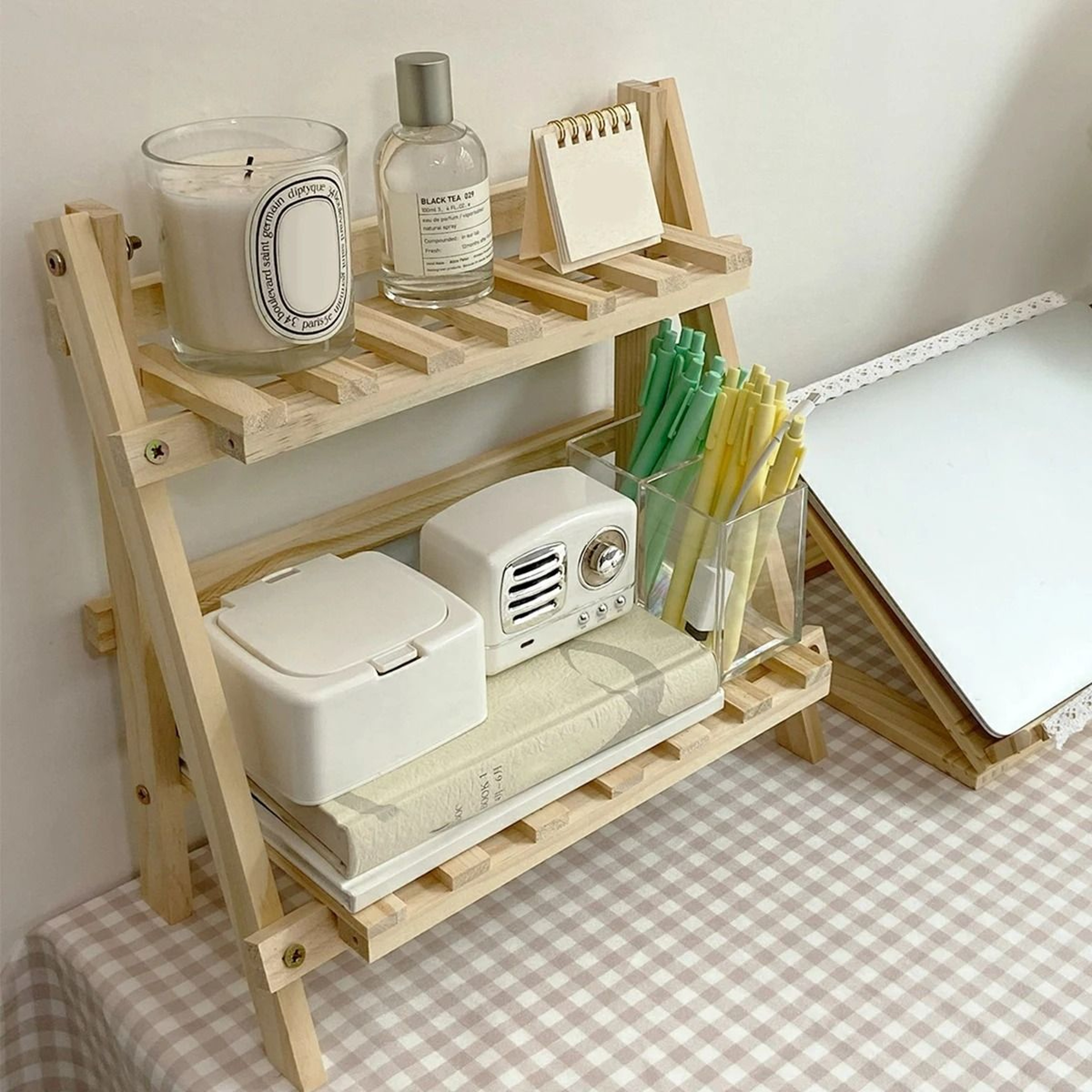 Desktop Storage DoubleLayer Wooden Corner Folding Shelf 0