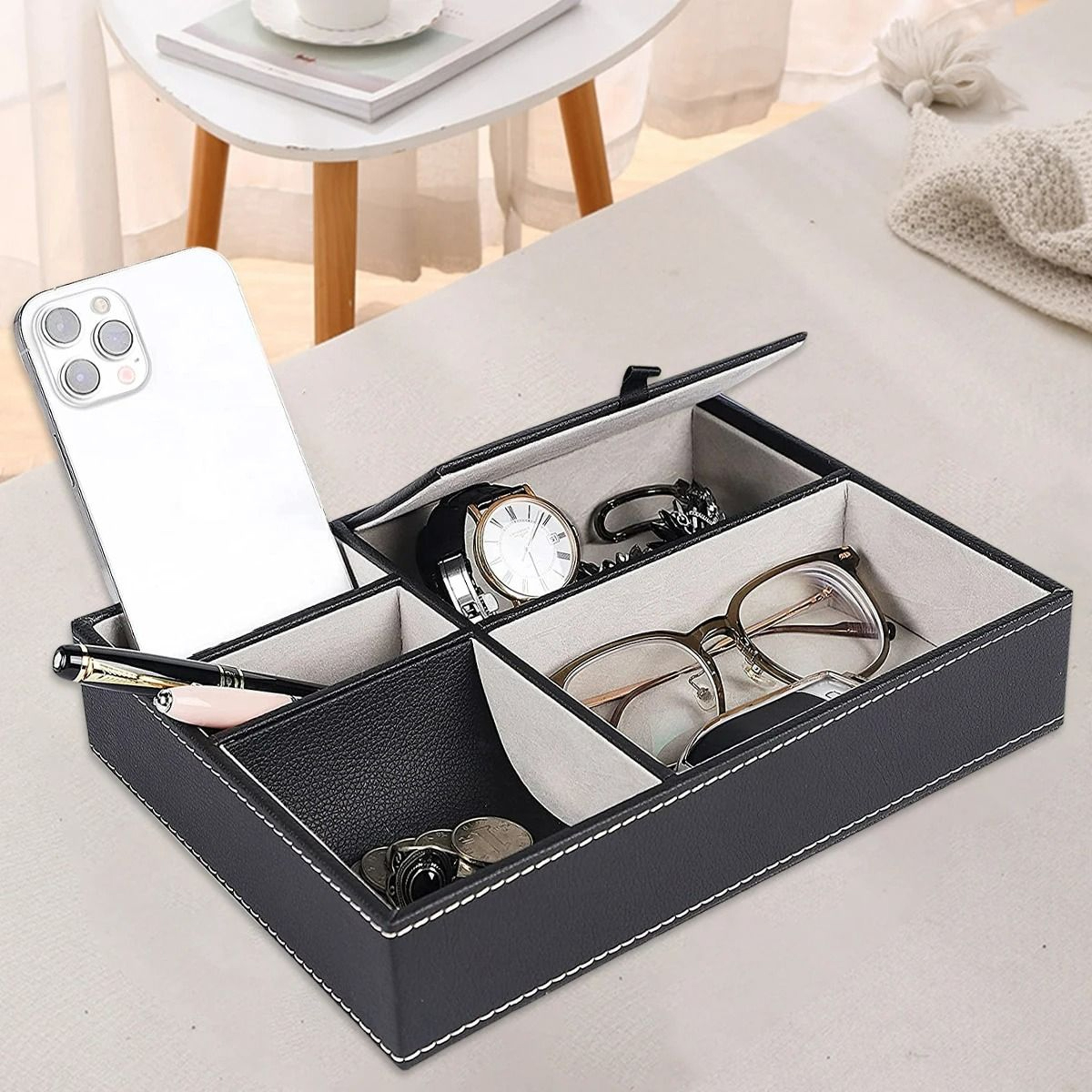 Faux Leather 5Compartment Mens Valet Tray  Nightstand Organizer 1