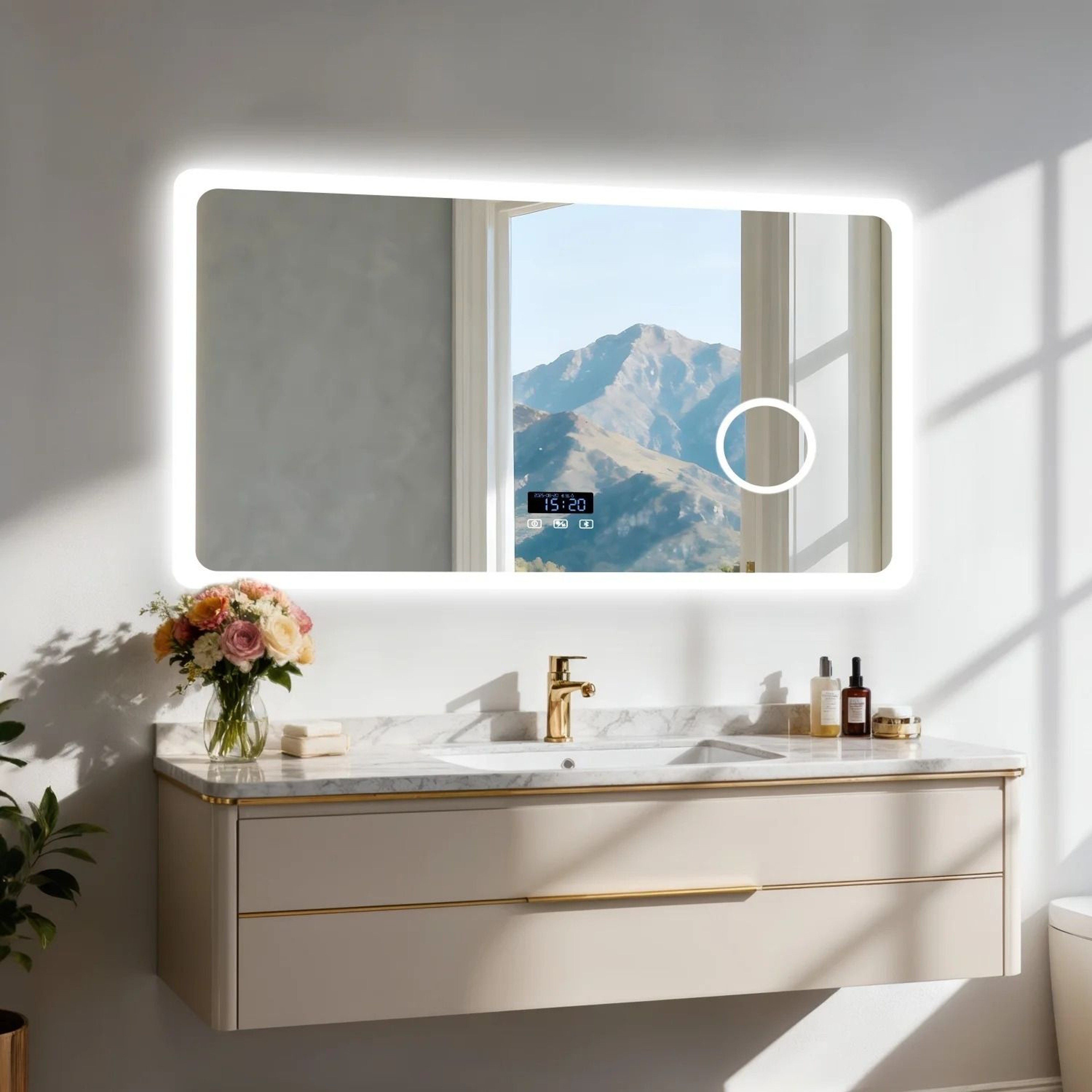 Backlit LED Bathroom Mirror With Integrated 3x Magnifier Bluetooth  Screen Display 9
