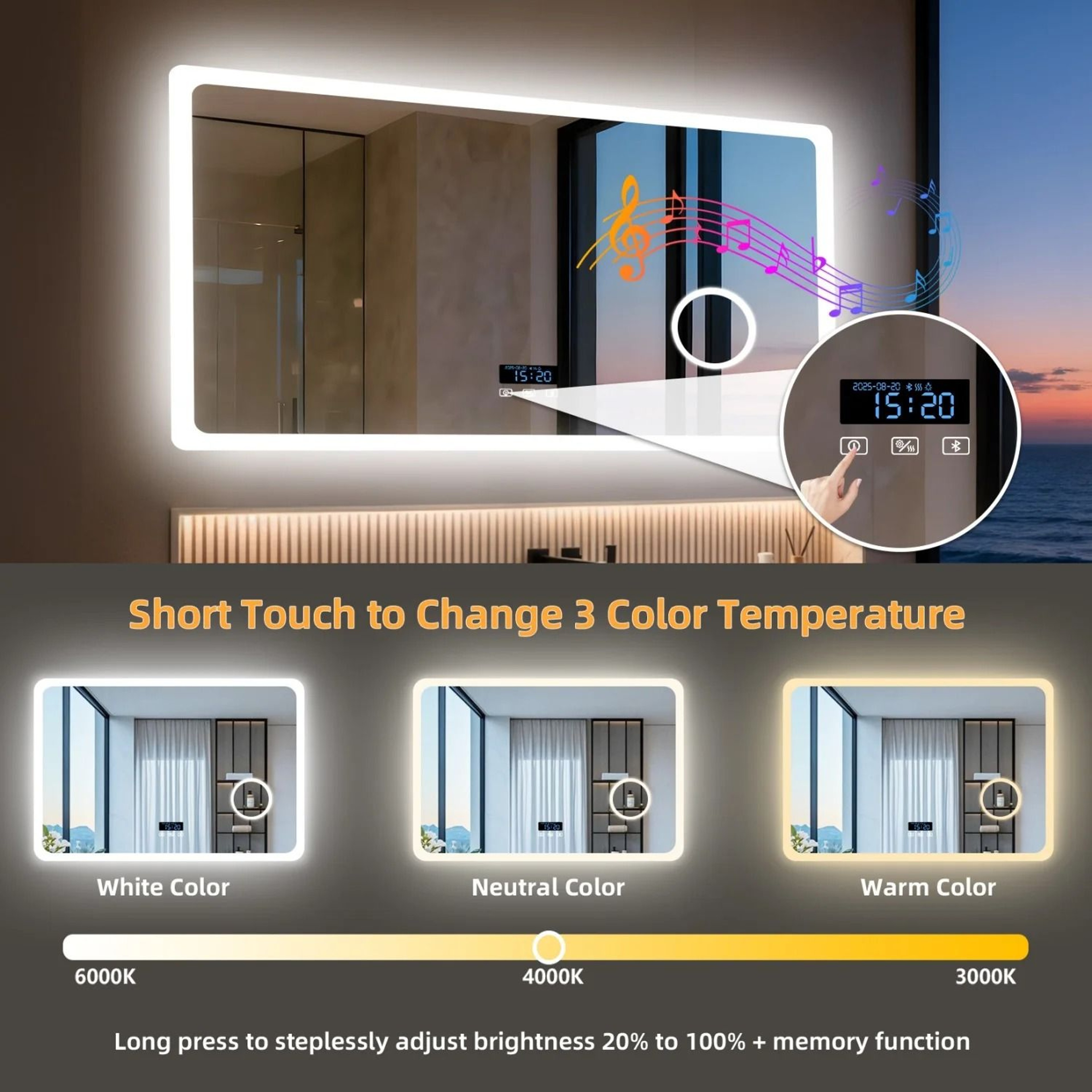 Backlit LED Bathroom Mirror With Integrated 3x Magnifier Bluetooth  Screen Display 5
