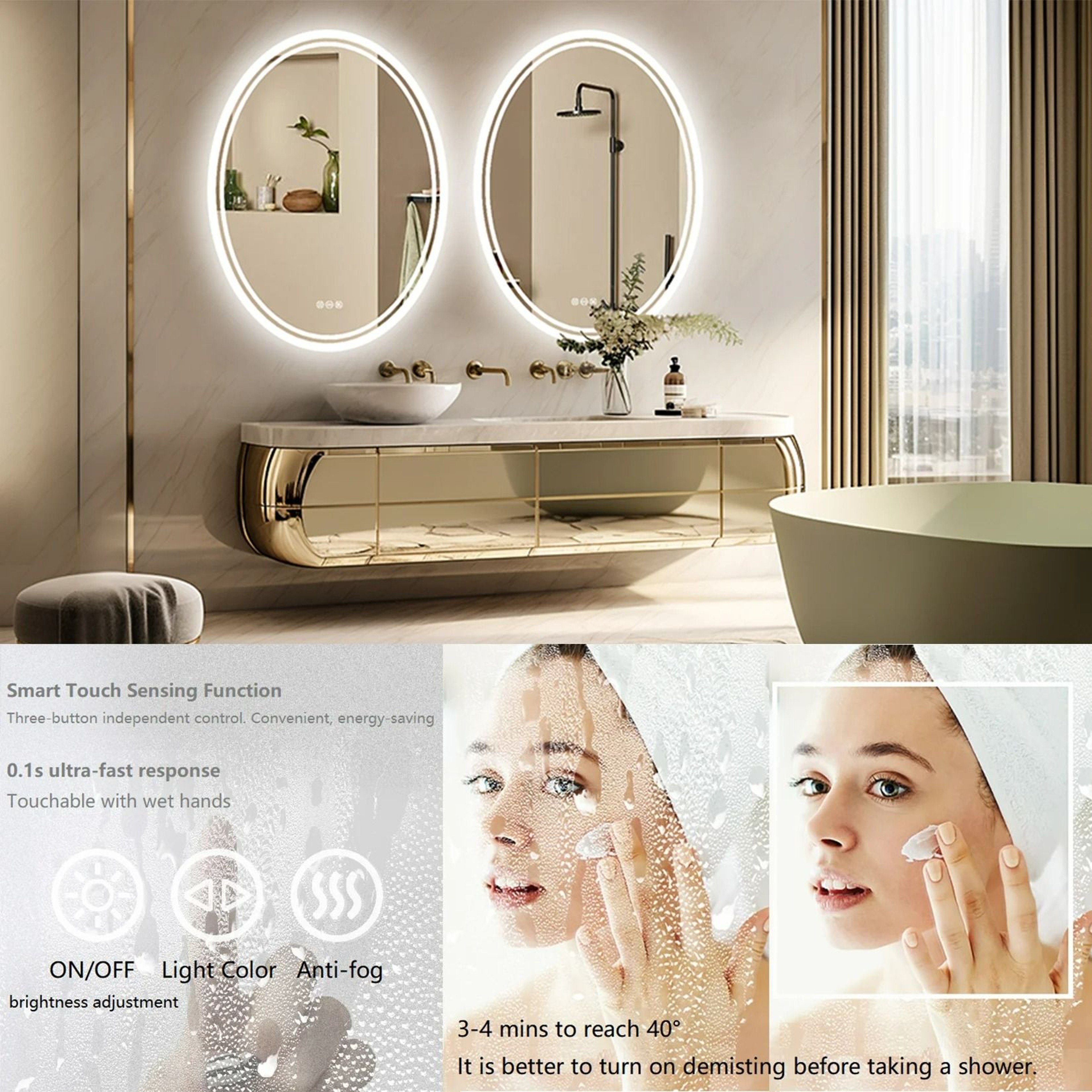 Round LED Backlit Bathroom Vanity Mirror With Defogger  Dimmable Lights 5