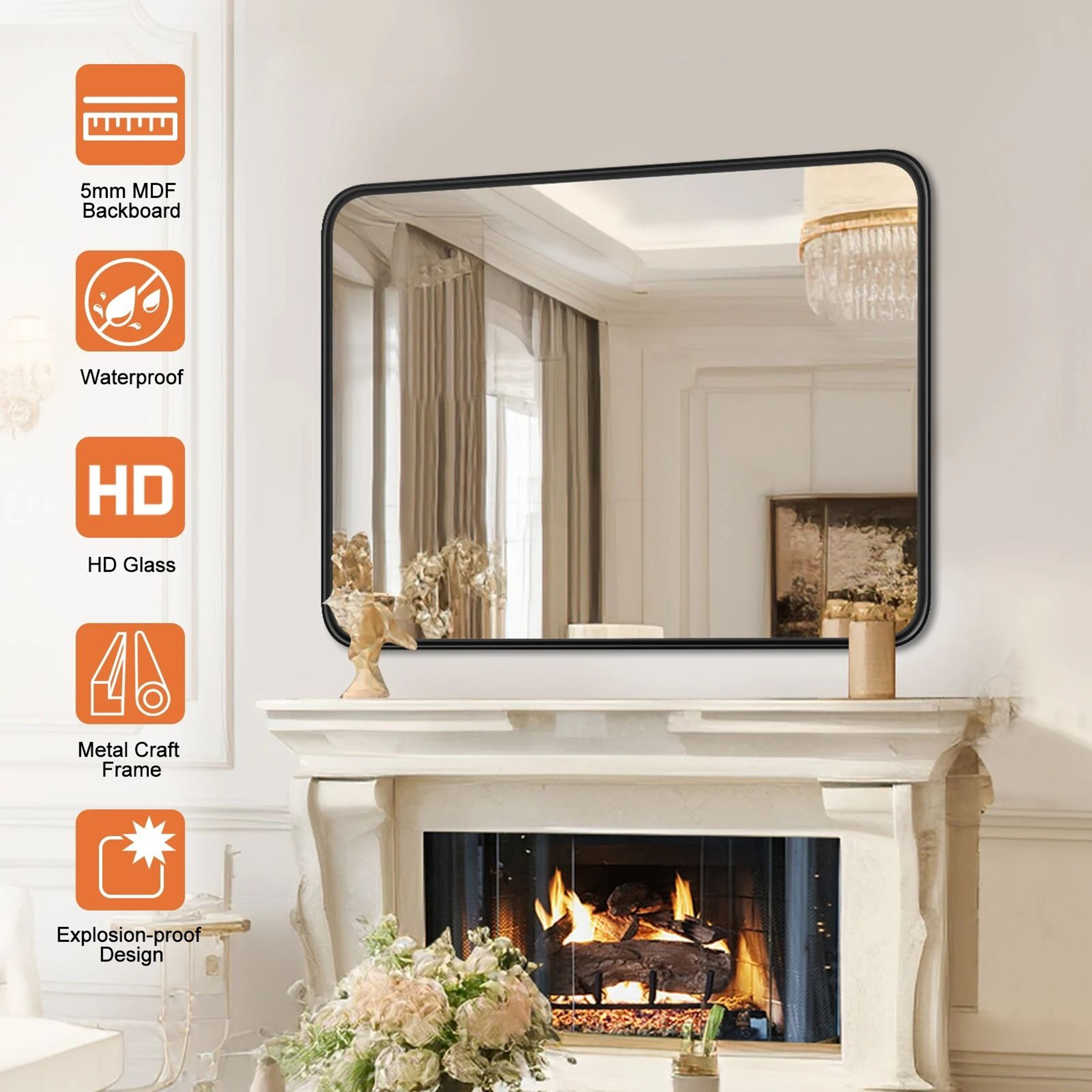 Matte Metal Framed Rectangular Rounded Corner Tempered Glass Bathroom Mirror 4
