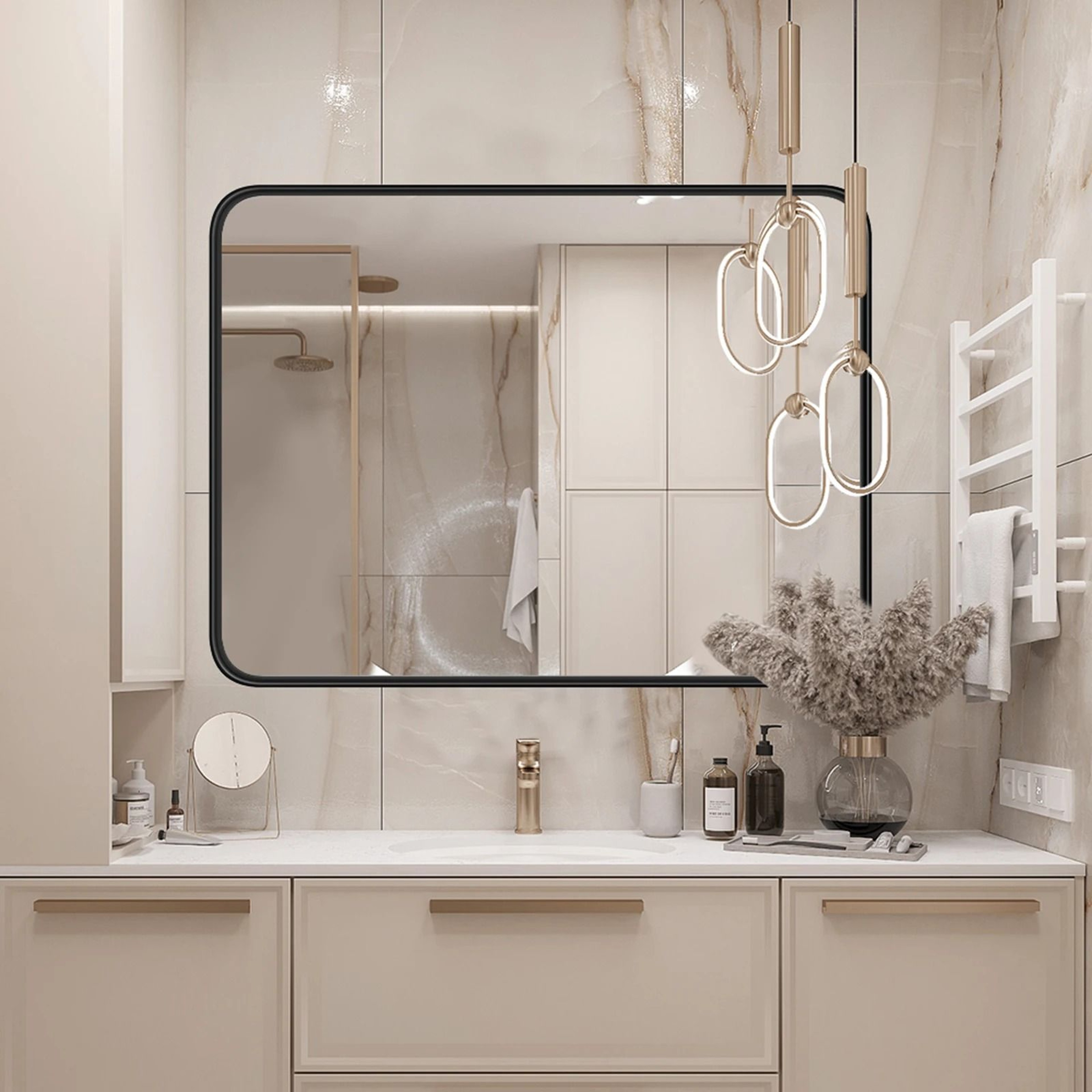 Matte Metal Framed Rectangular Rounded Corner Tempered Glass Bathroom Mirror 1