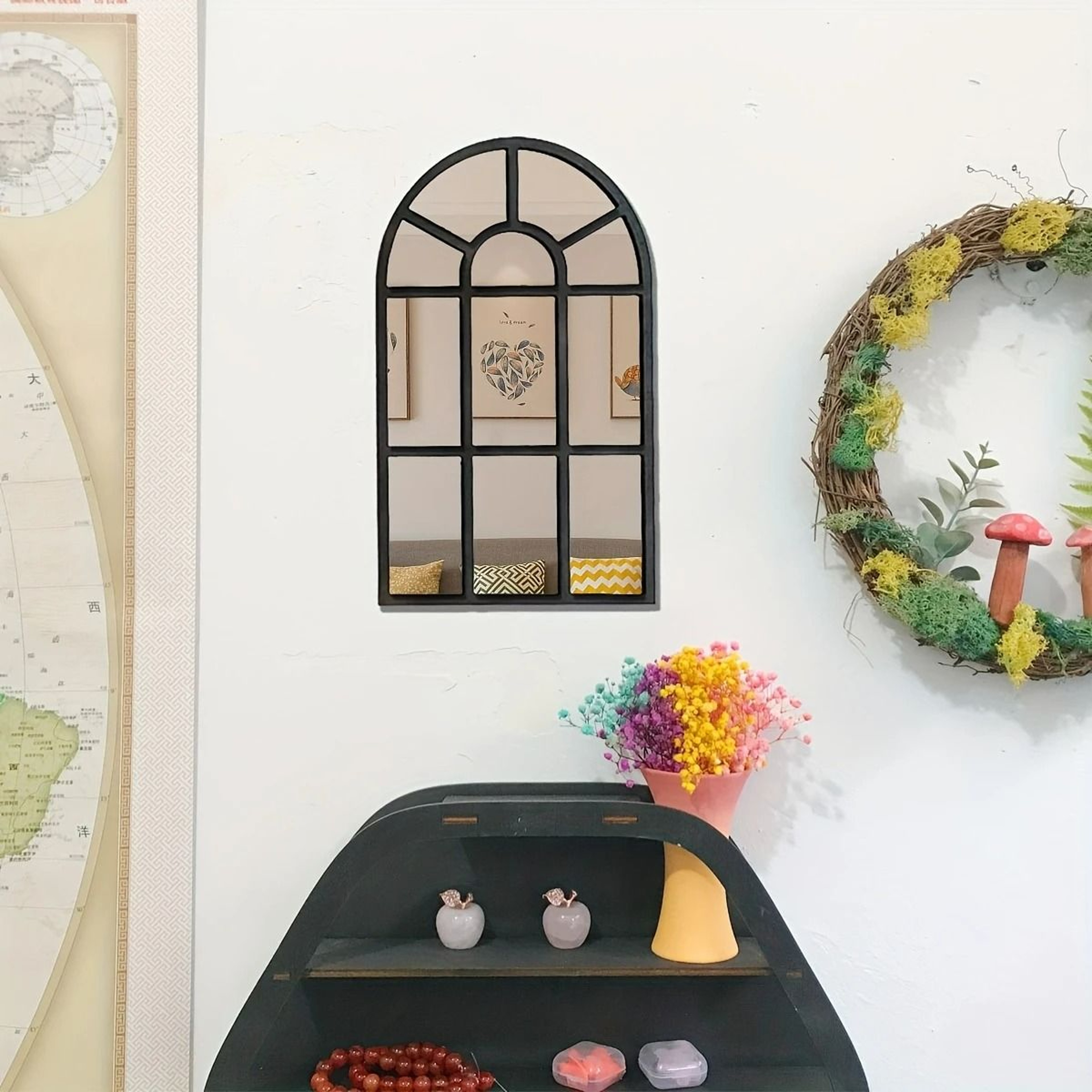 Minimalist Wooden Arched Windowpane Wall Mirror 3