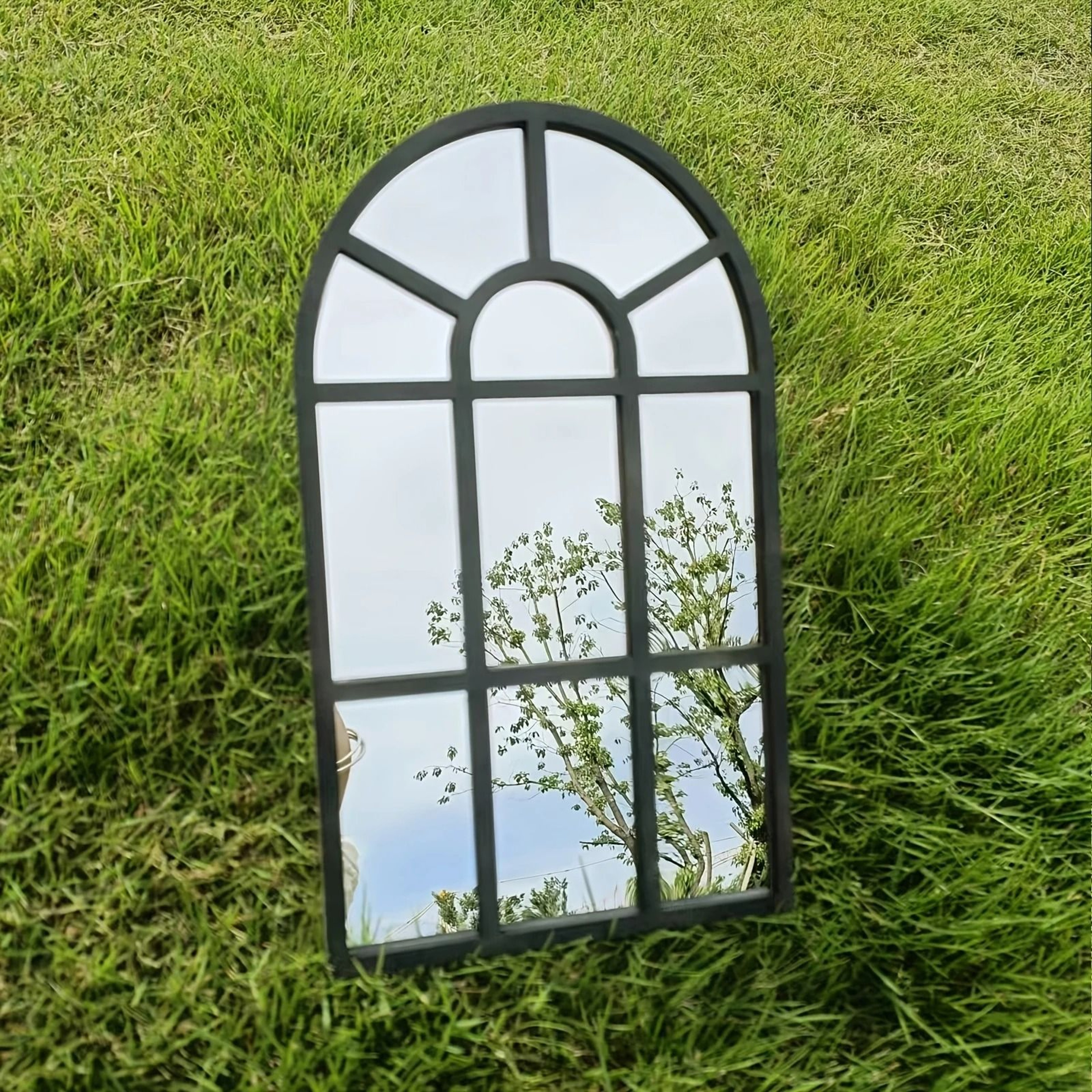 Minimalist Wooden Arched Windowpane Wall Mirror 0