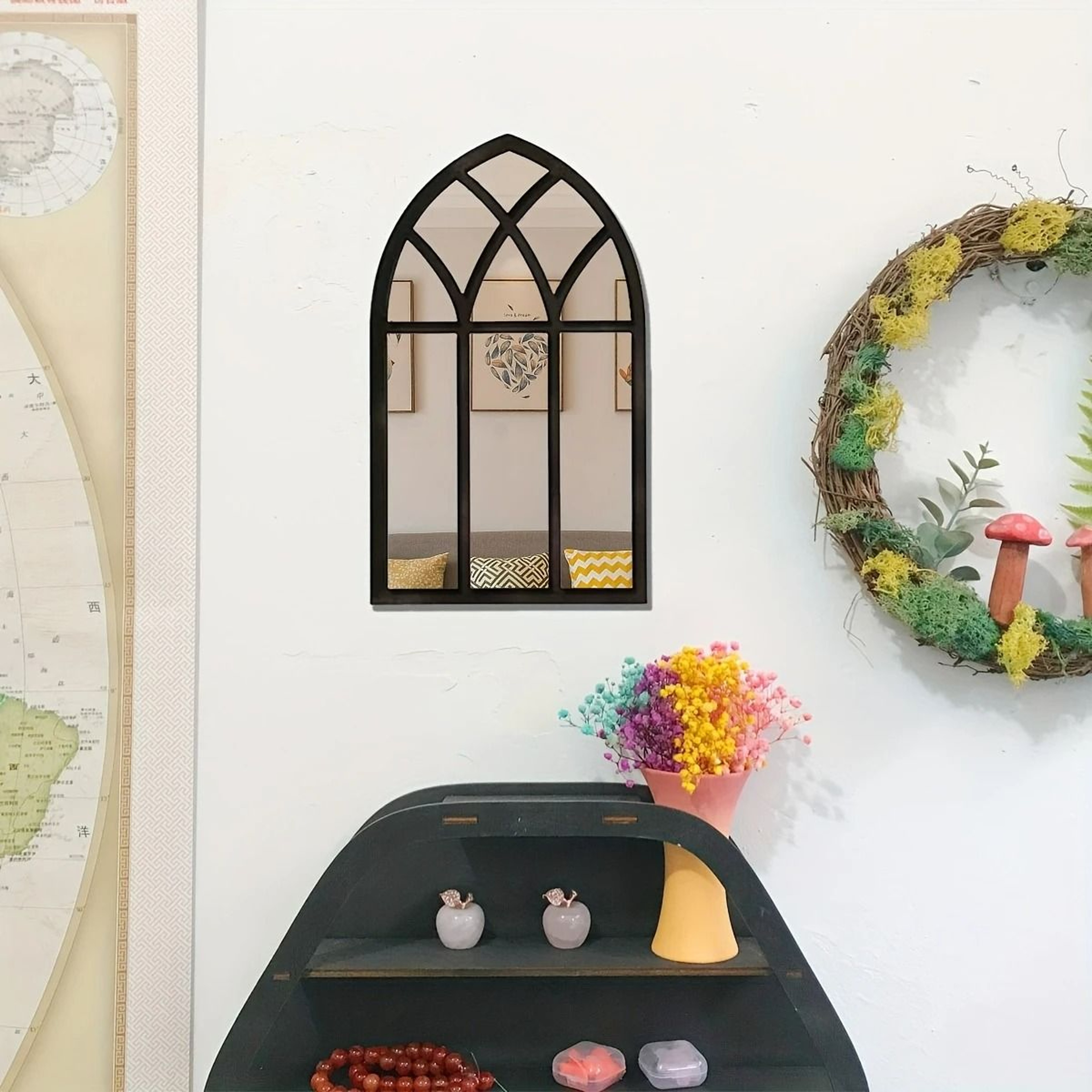 Minimalist Wooden Arched Windowpane Wall Mirror 2
