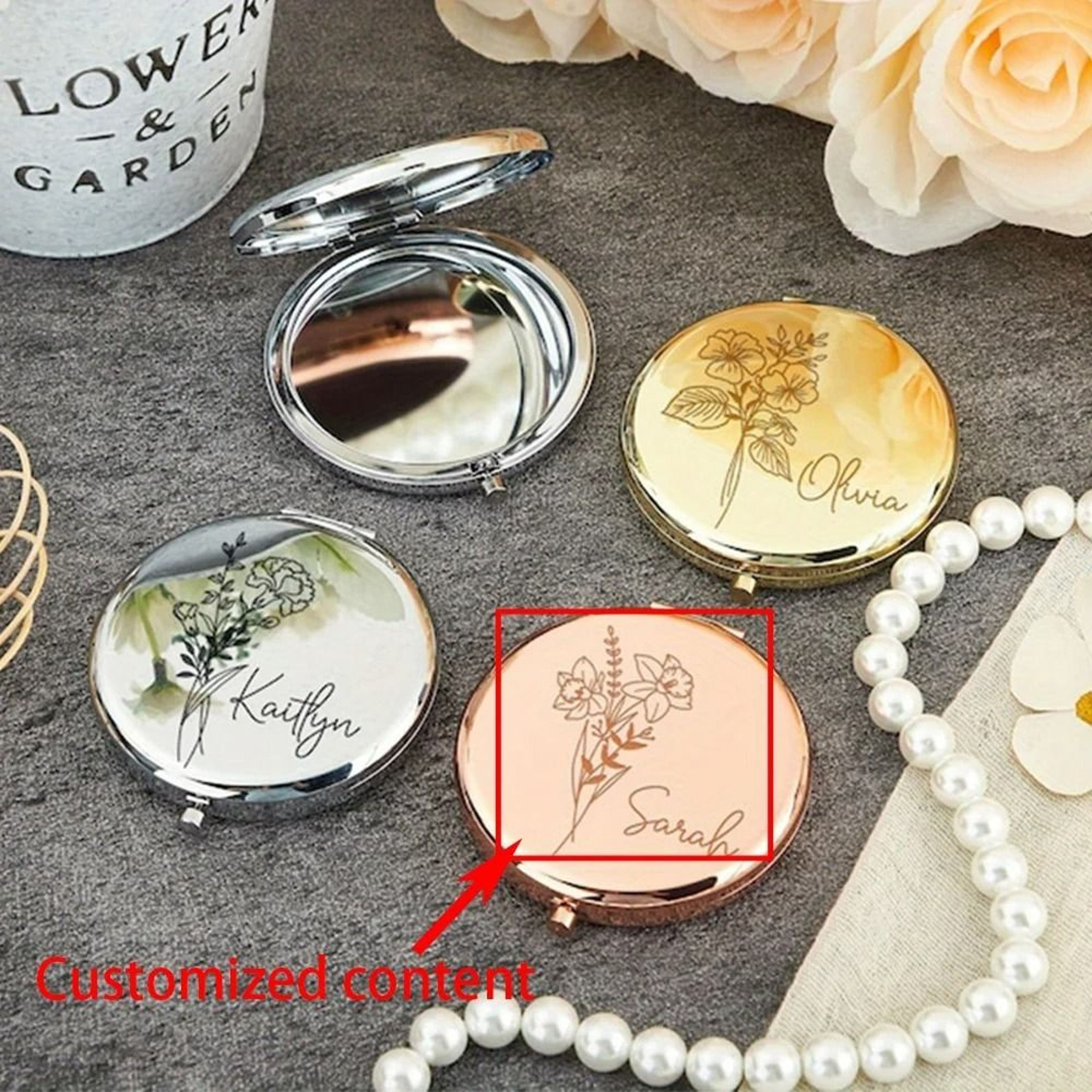 Personalized Birth Flower Compact Pocket Mirror With Name Engraving 3