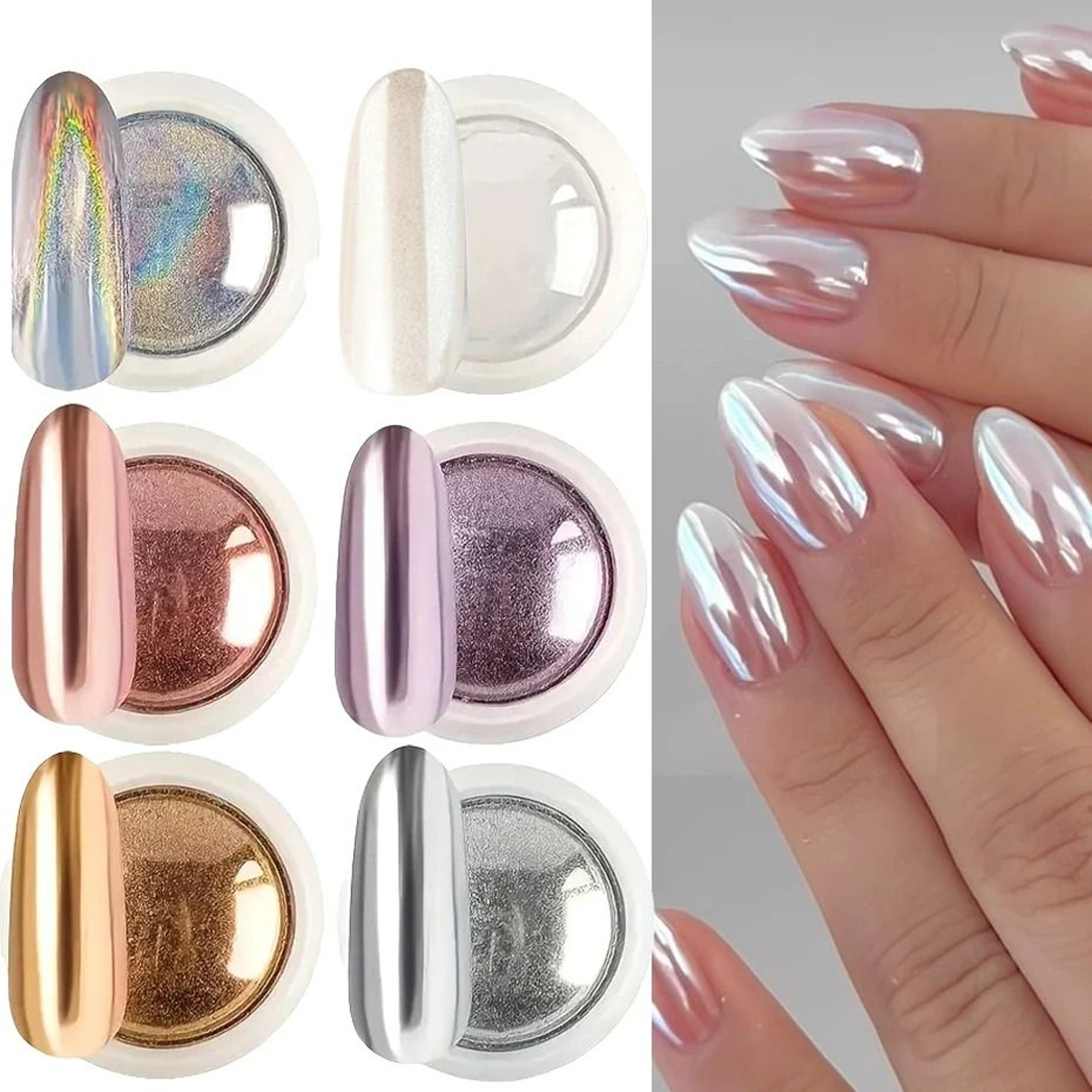 6 Piece DIY Chrome Mirror And Holographic Aurora Nail Powder Pigment Set 1