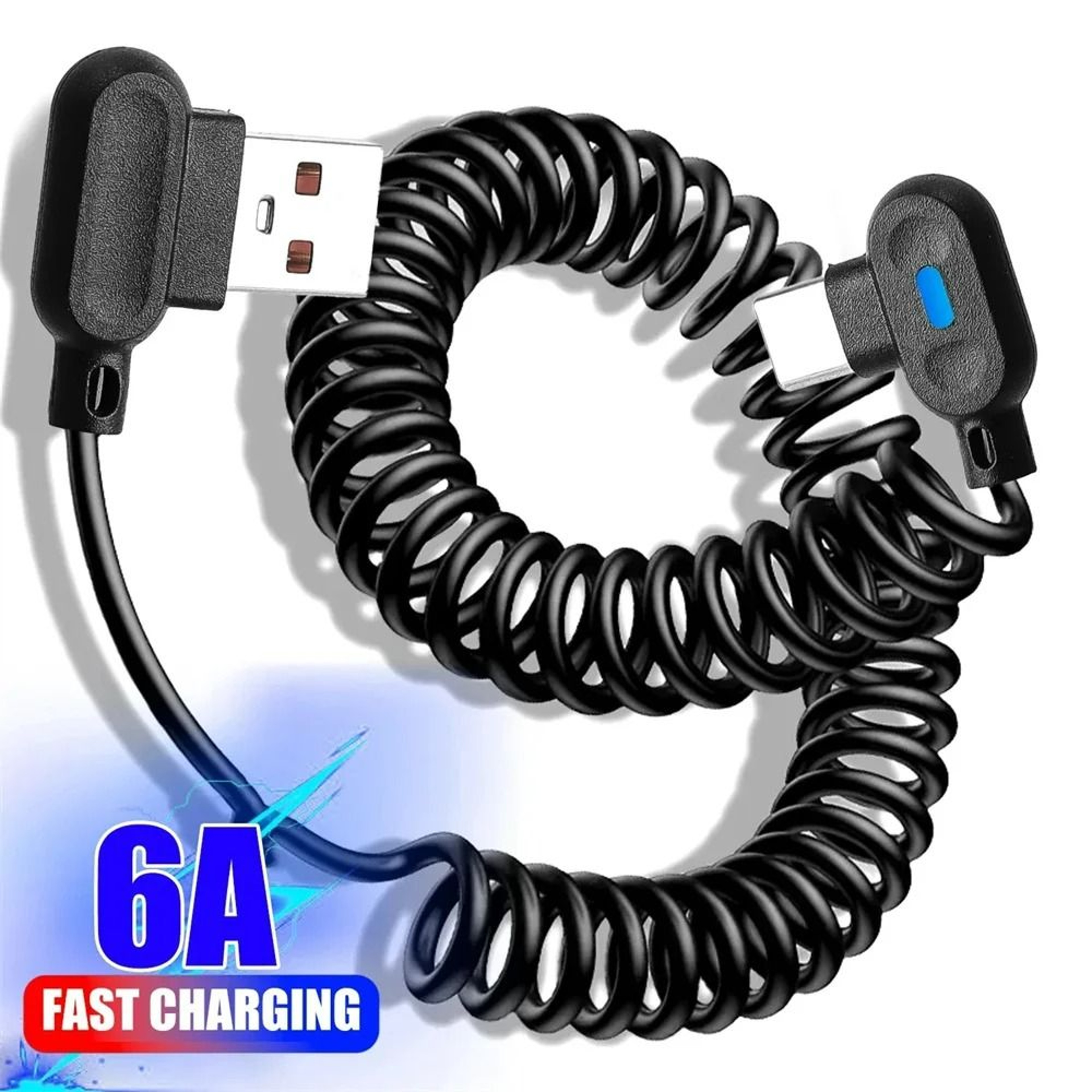 6A Dual Elbow 90Degree Coiled Spring USB To TypeC Fast Charging Cable 1