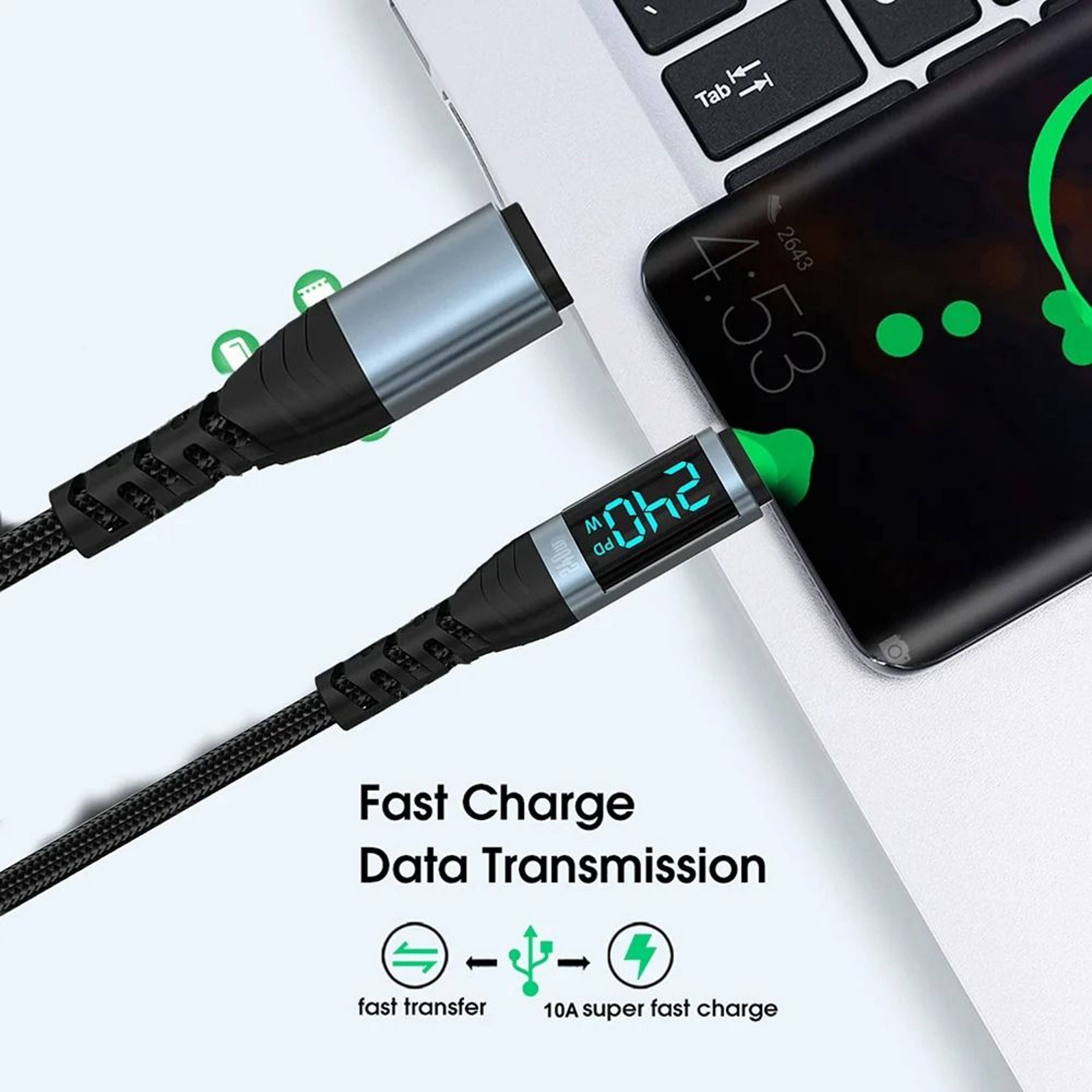 240W Digital Display USB C Fast Charging Cable Ultra High Speed Type C Data Cord 1