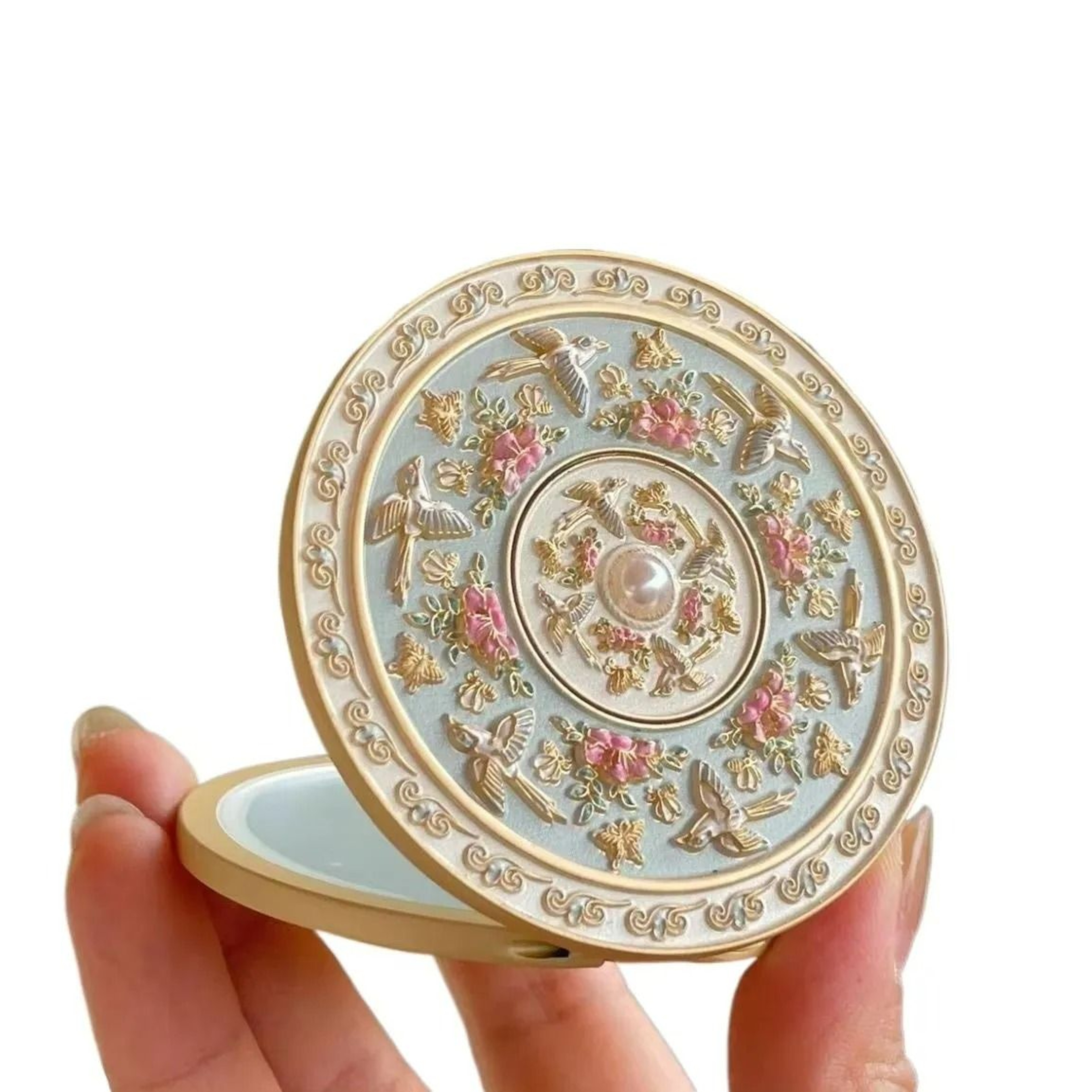 Chinese Cloisonne Enamel Sparrow  Flower Folding Compact Mirror 4