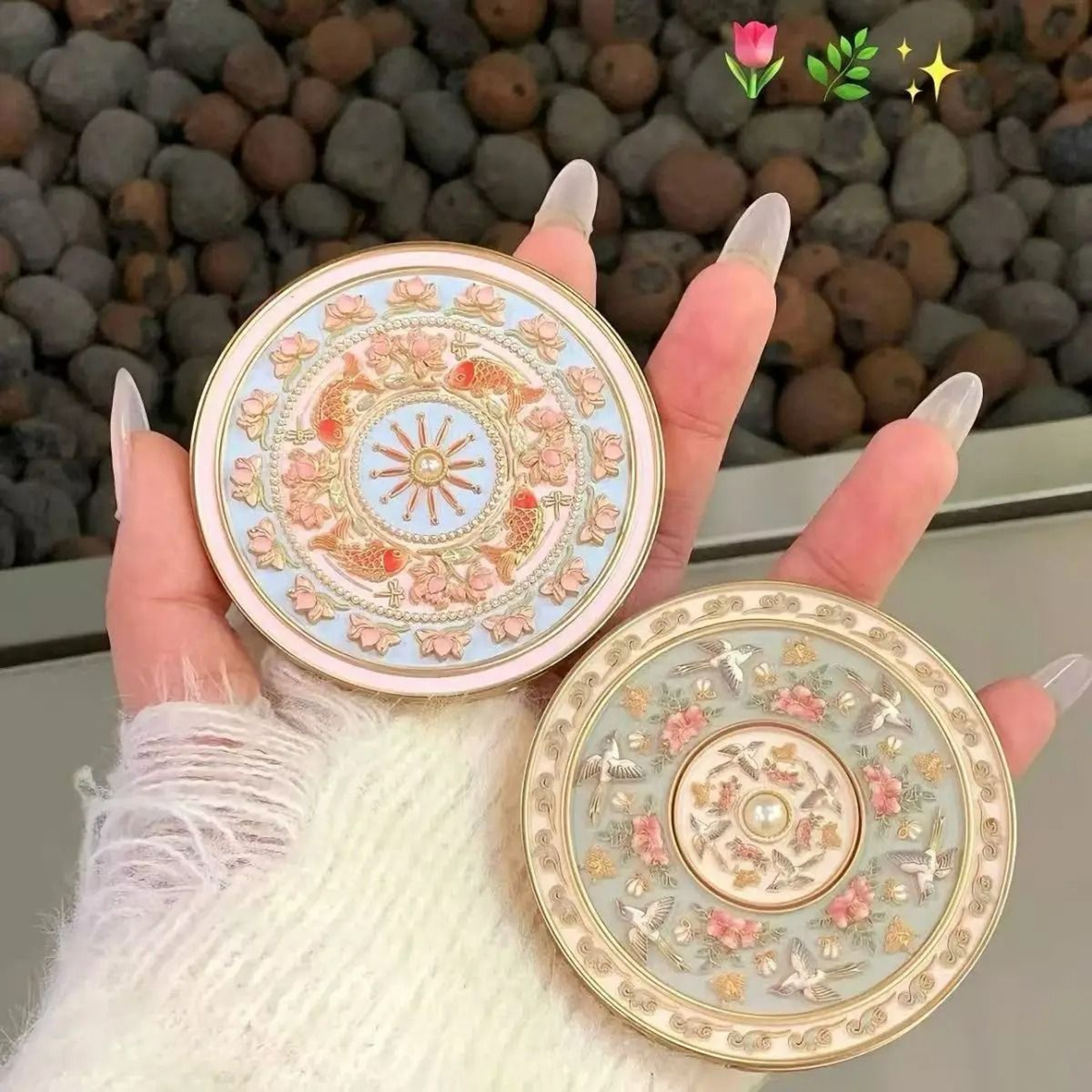 Chinese Cloisonne Enamel Sparrow  Flower Folding Compact Mirror 0
