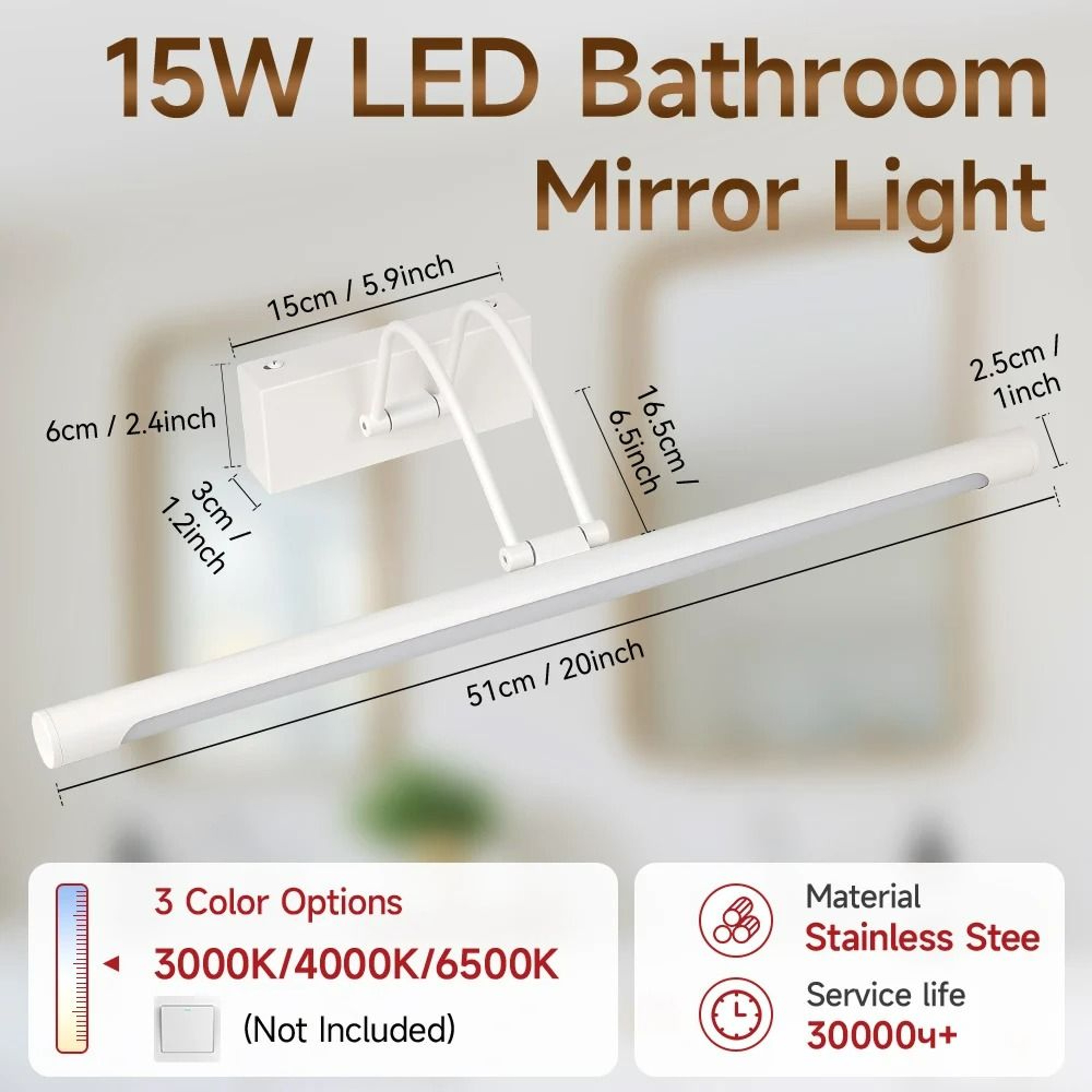 Dimmable 3Color LED Bathroom Vanity Mirror Front Bar Light 10