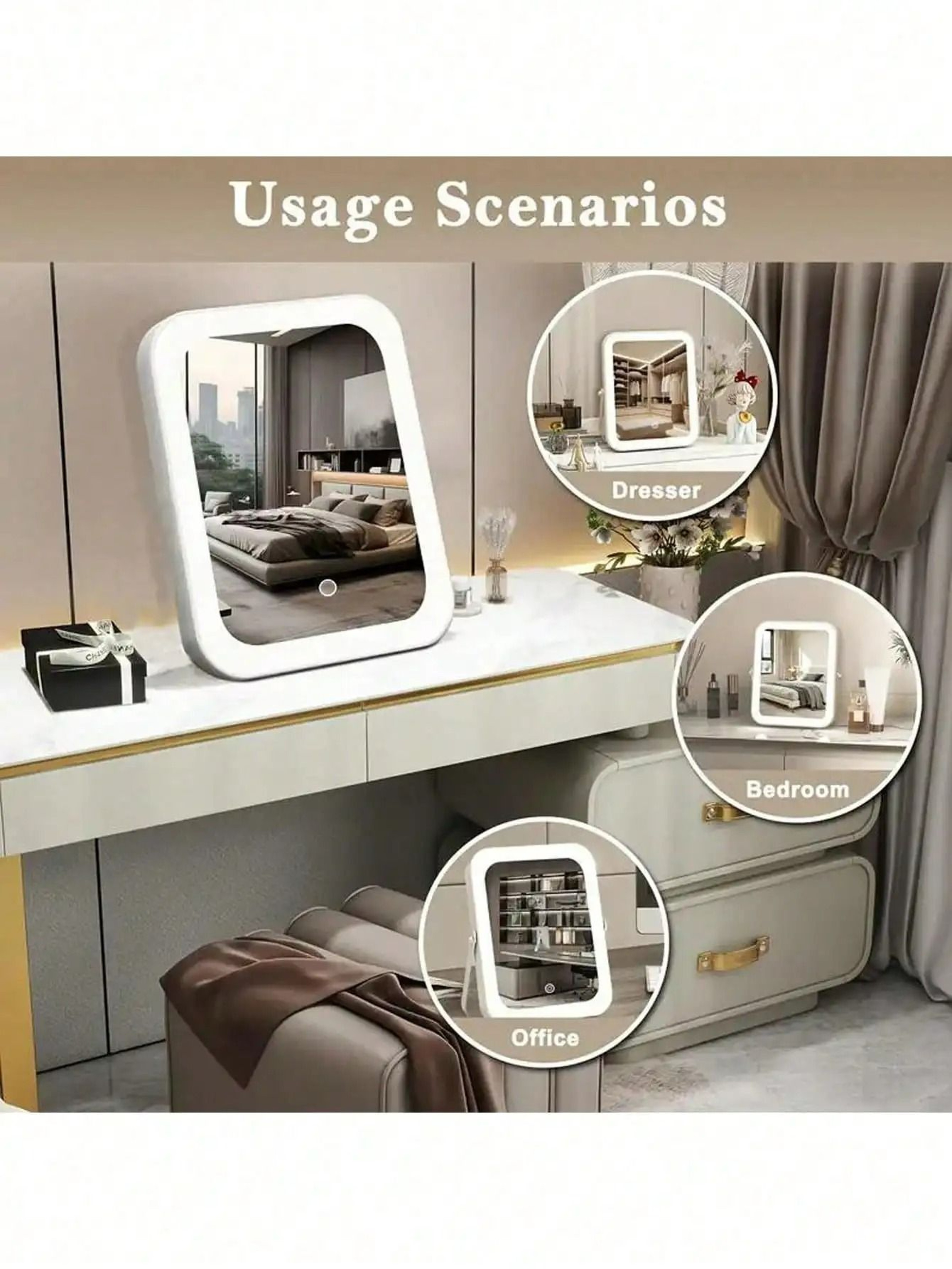 3Color LED Touch Control 360 Rotating Tabletop Vanity Mirror 4
