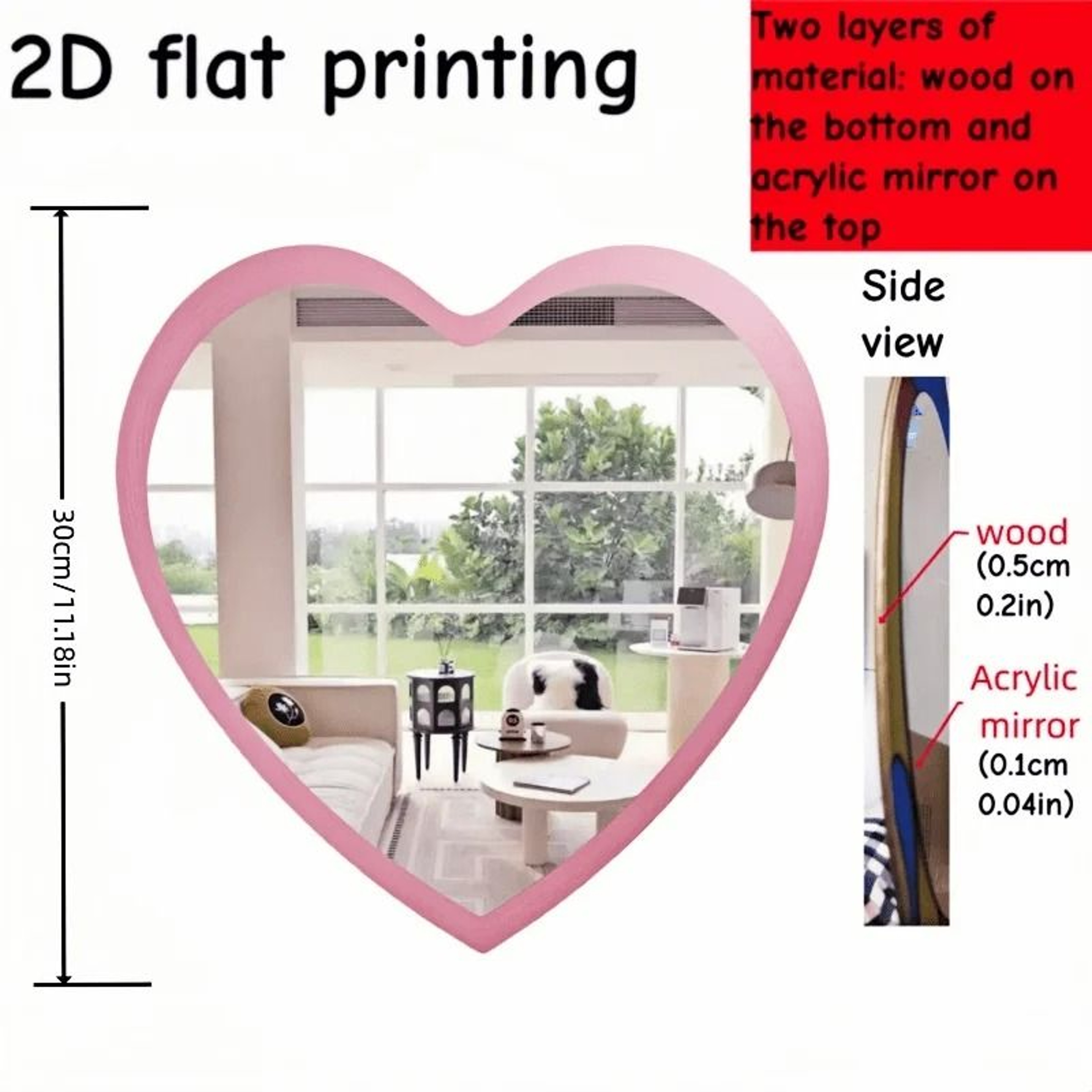 Romantic Acrylic Wooden DoubleLayer Pink HeartShaped Mirror 6