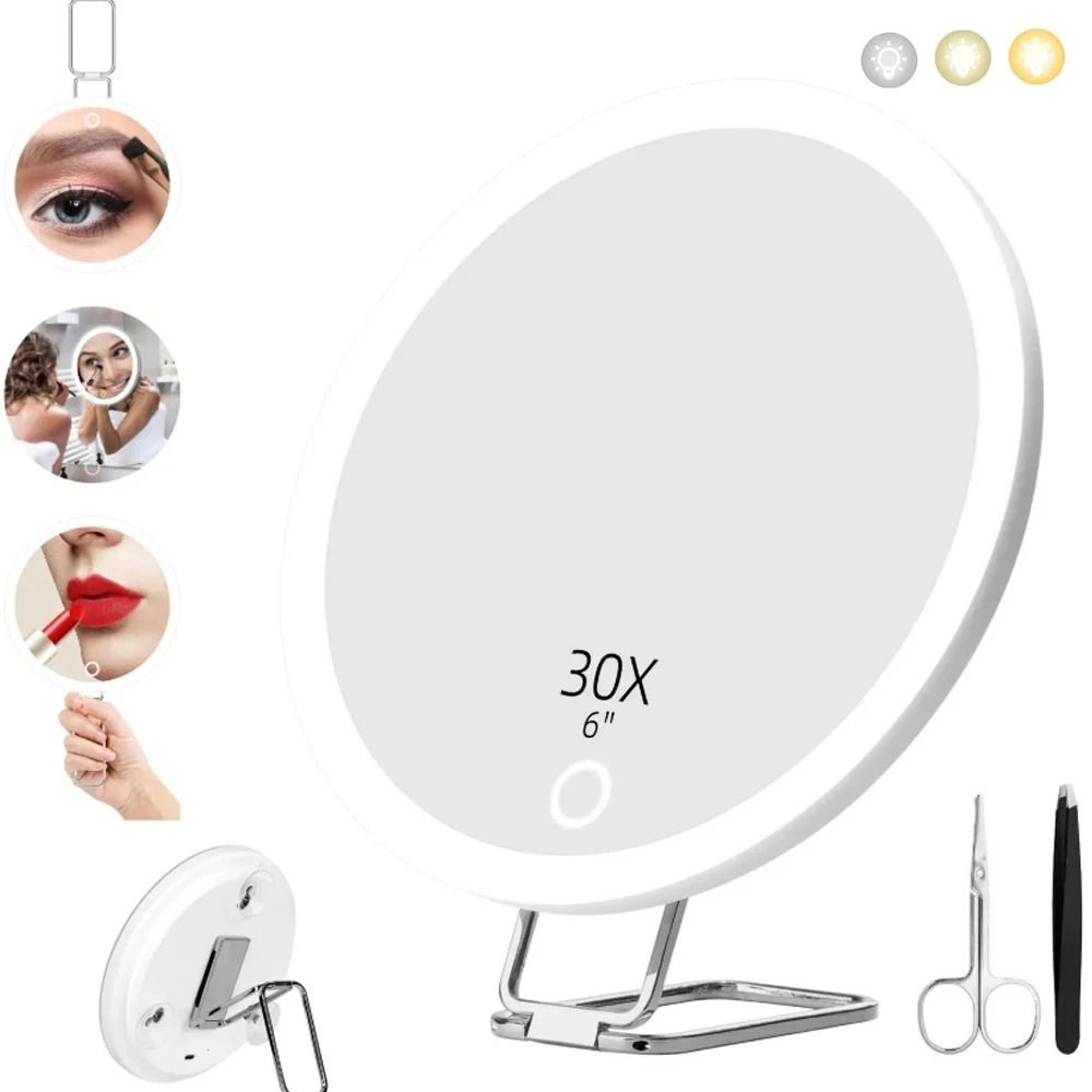 30X Magnifying LED Makeup Mirror Set With Tweezers  Scissors 7