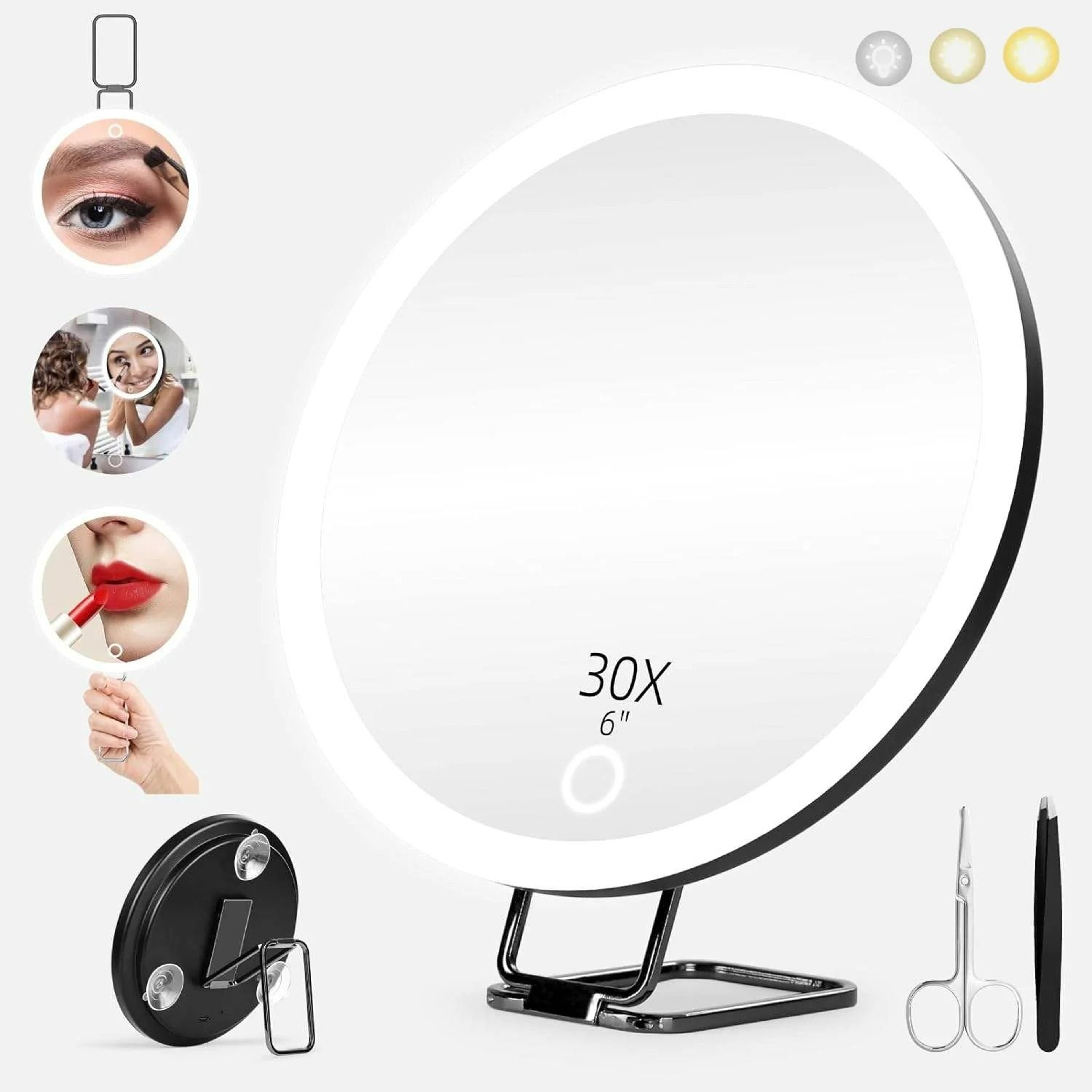 30X Magnifying LED Makeup Mirror Set With Tweezers  Scissors 8