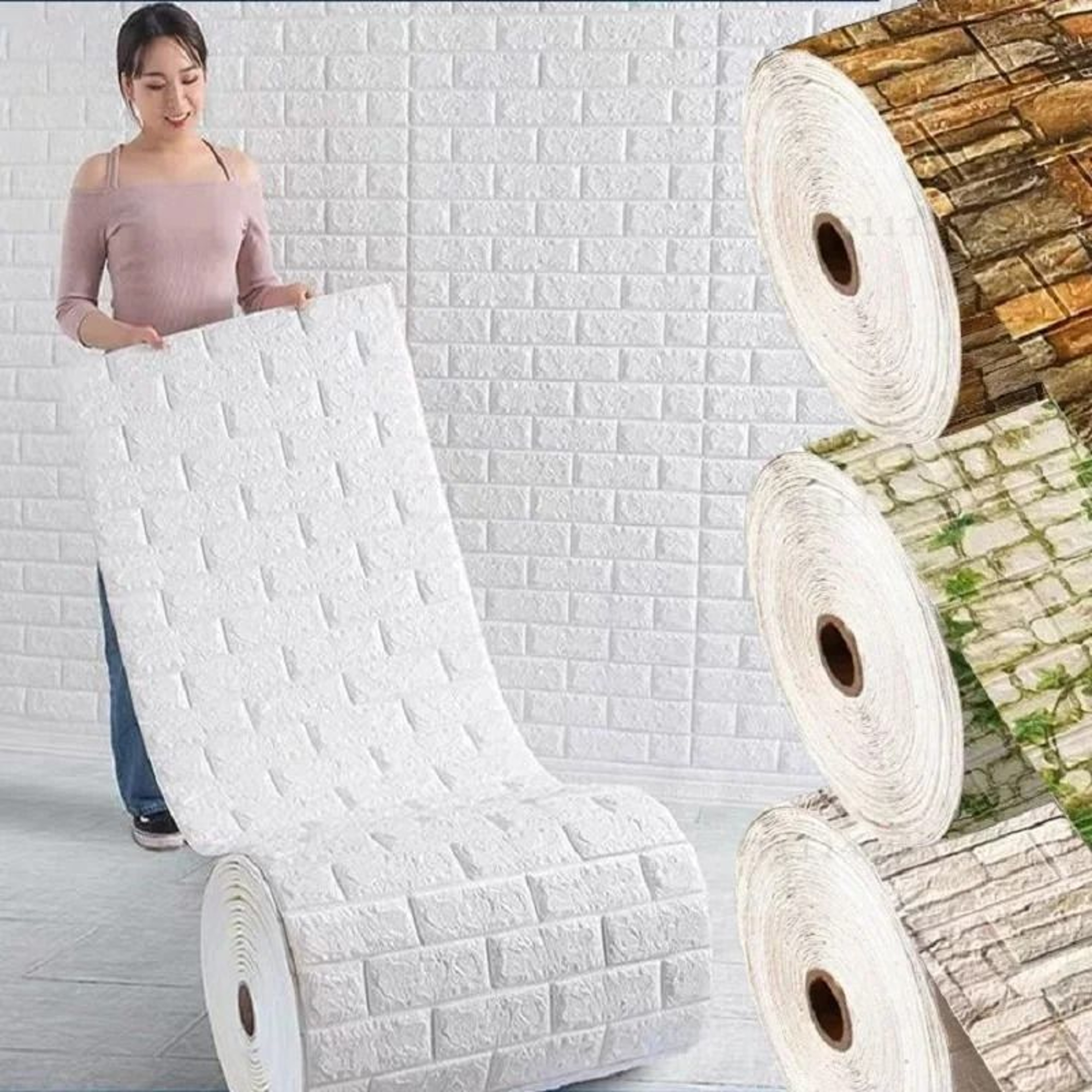 3D Sculpted Brick Foam Waterproof SelfAdhesive Wall Tile Roll 1