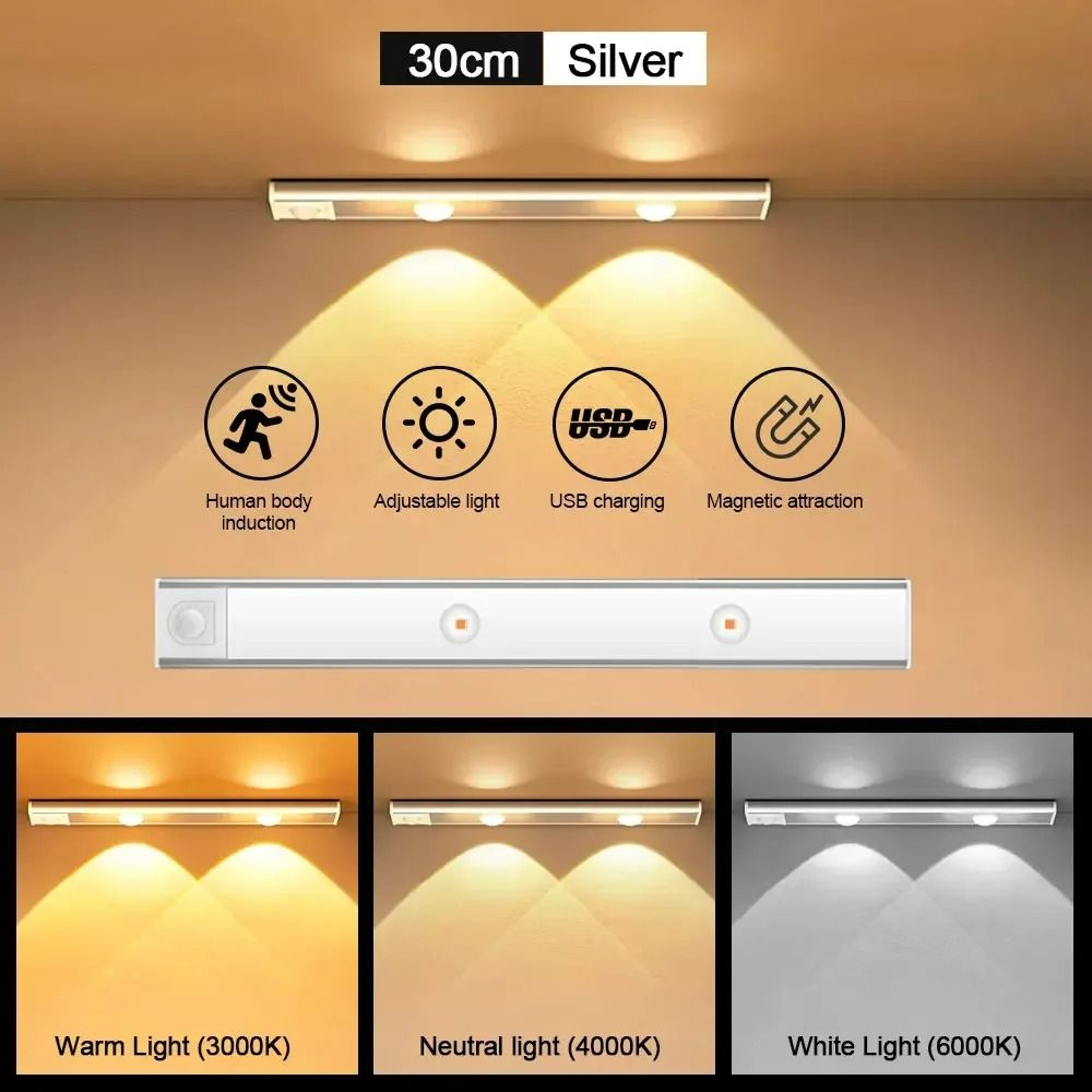 WhiteBlack 3Color Motion Sensor LED Cabinet Light Bar 9