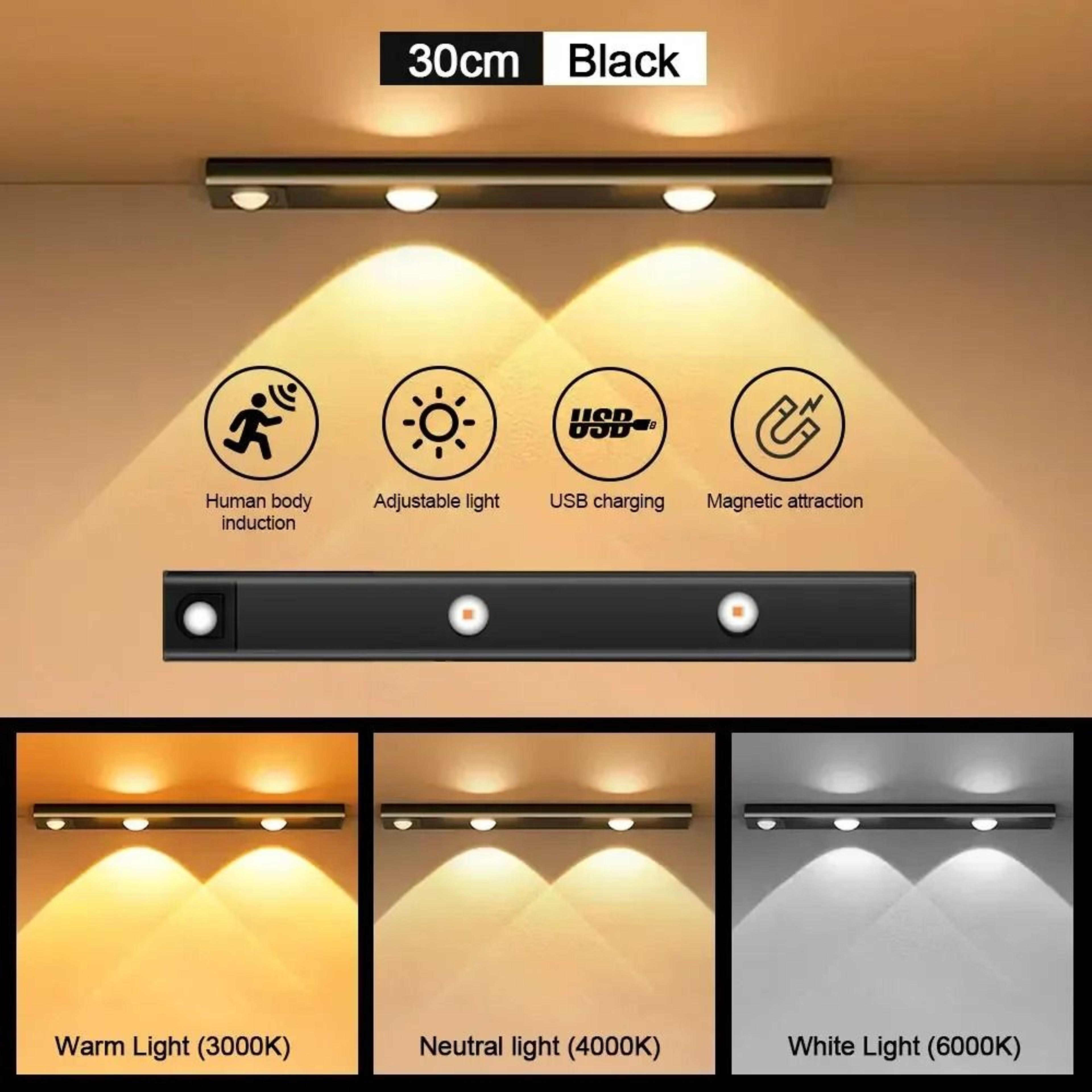 WhiteBlack 3Color Motion Sensor LED Cabinet Light Bar 8