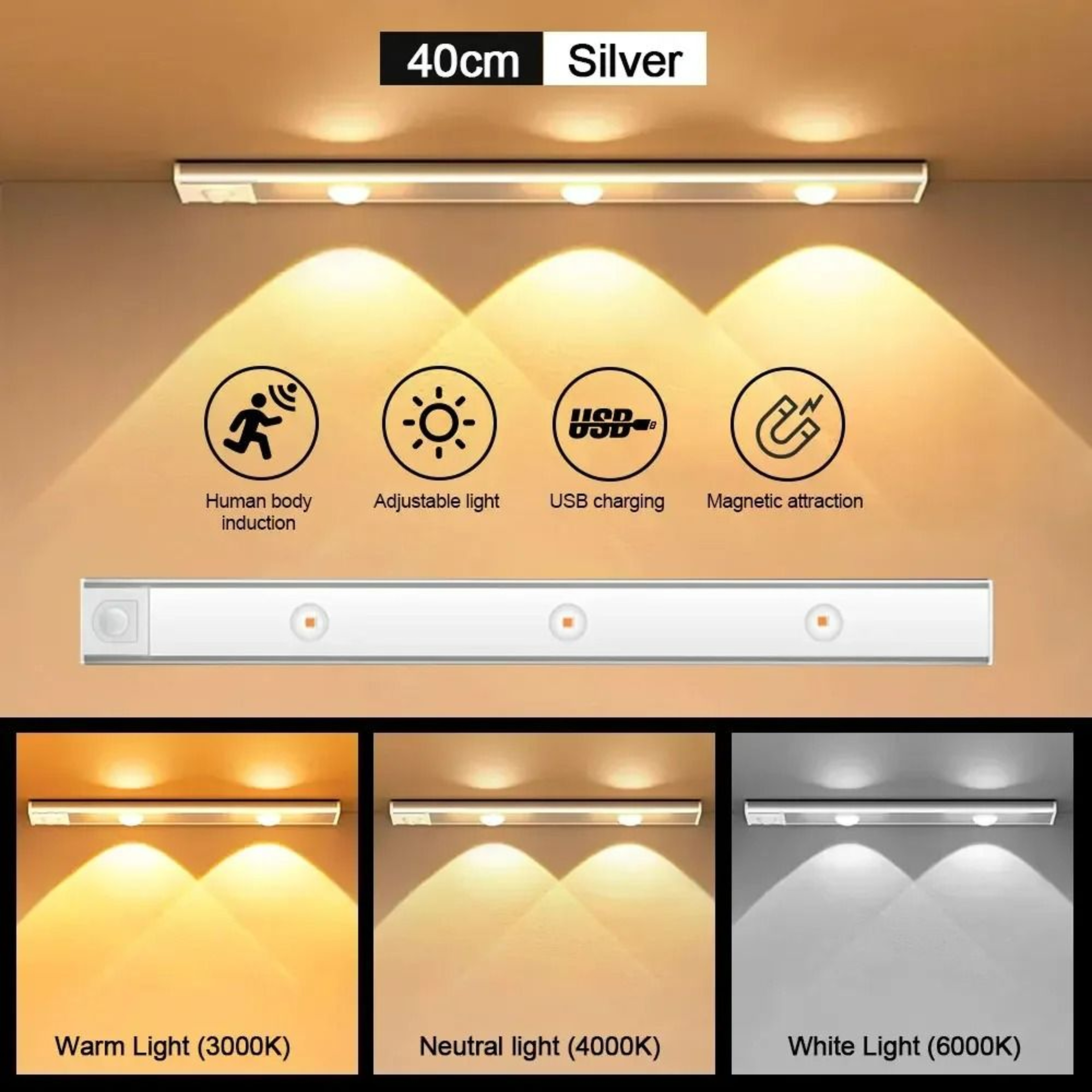 WhiteBlack 3Color Motion Sensor LED Cabinet Light Bar 11