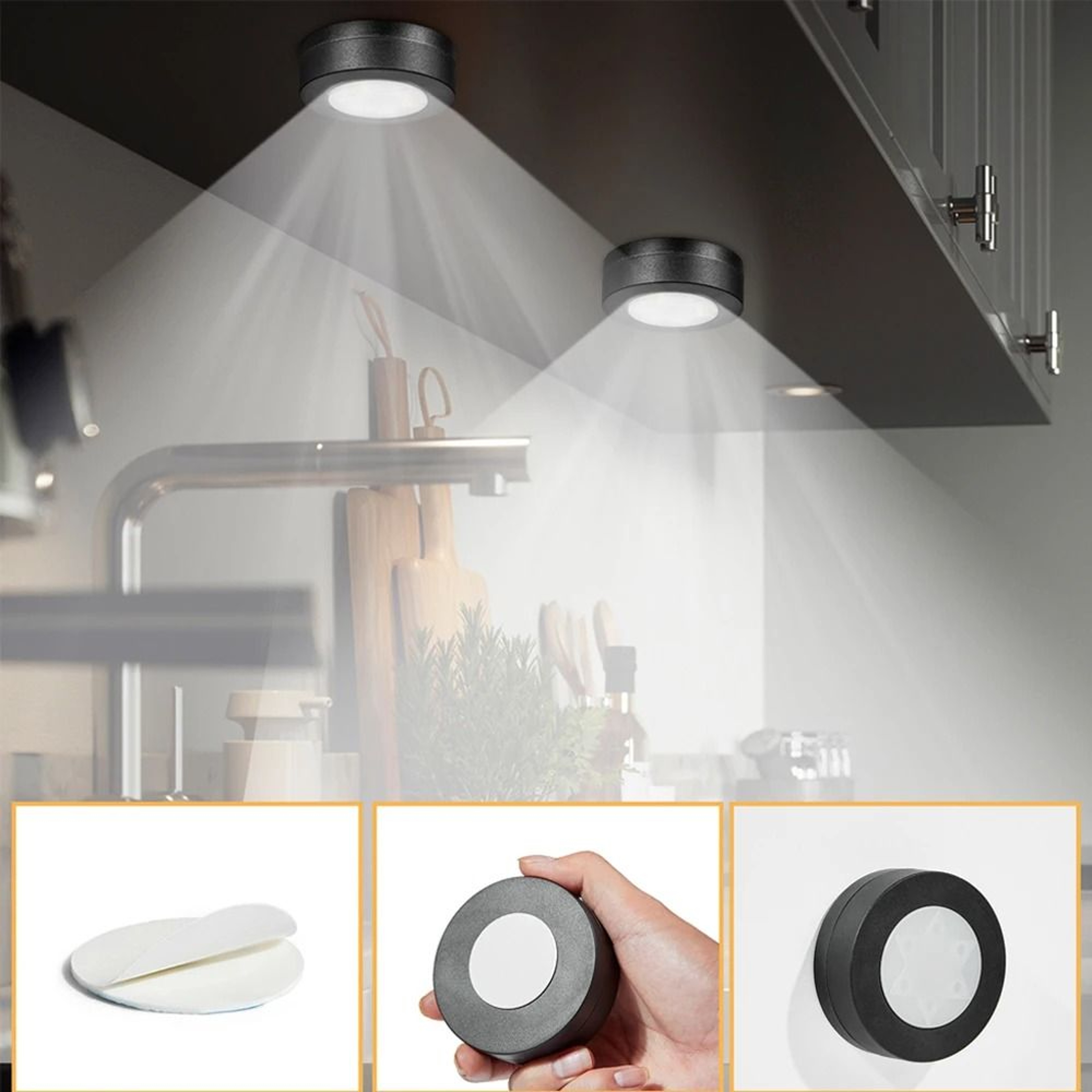 Black Dimmable CCT LED Round Under Cabinet Light Remote Control Wardrobe Lamp 3